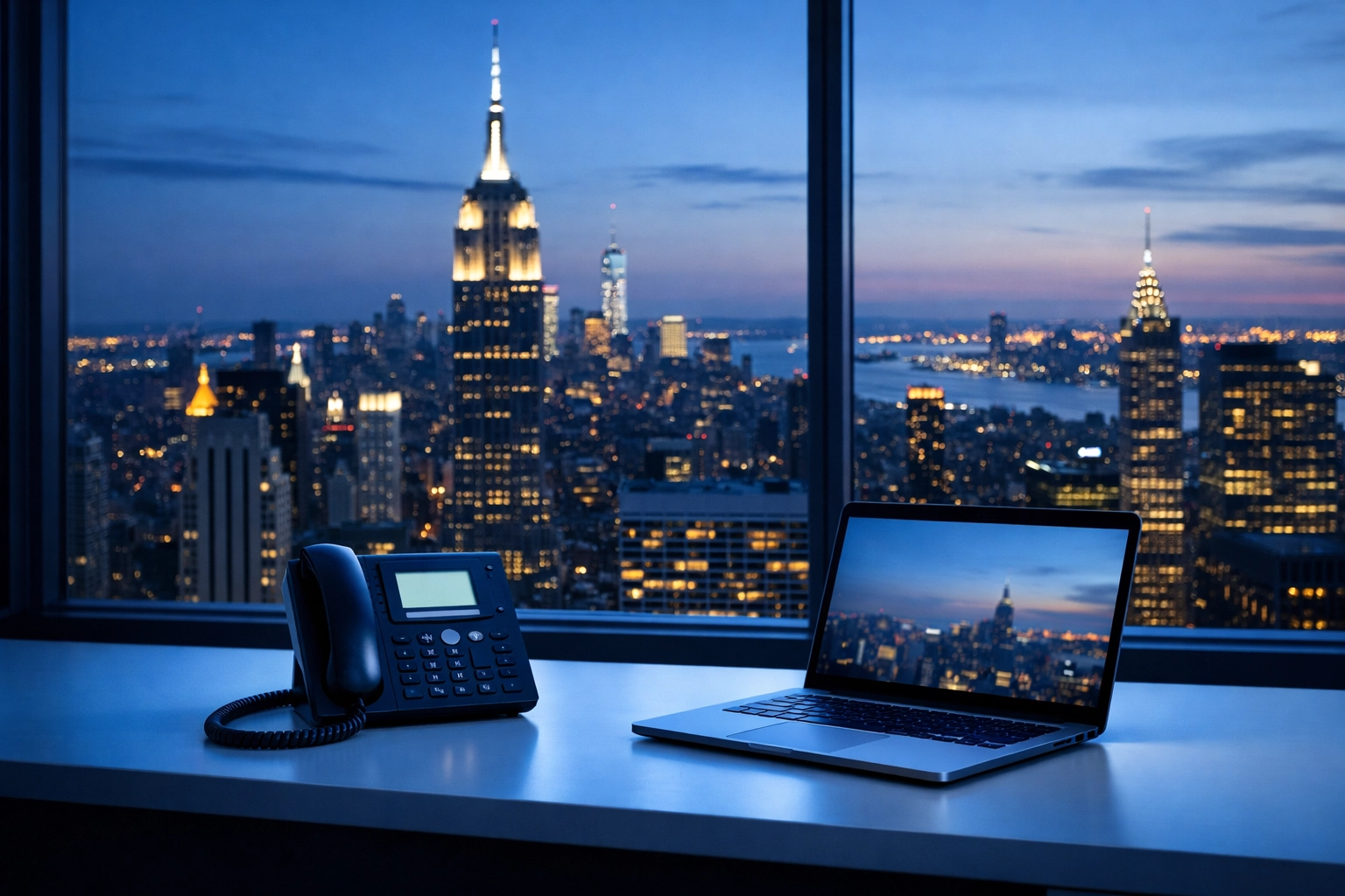 Modern Manhattan office with cloud business phone system and NYC skyline view