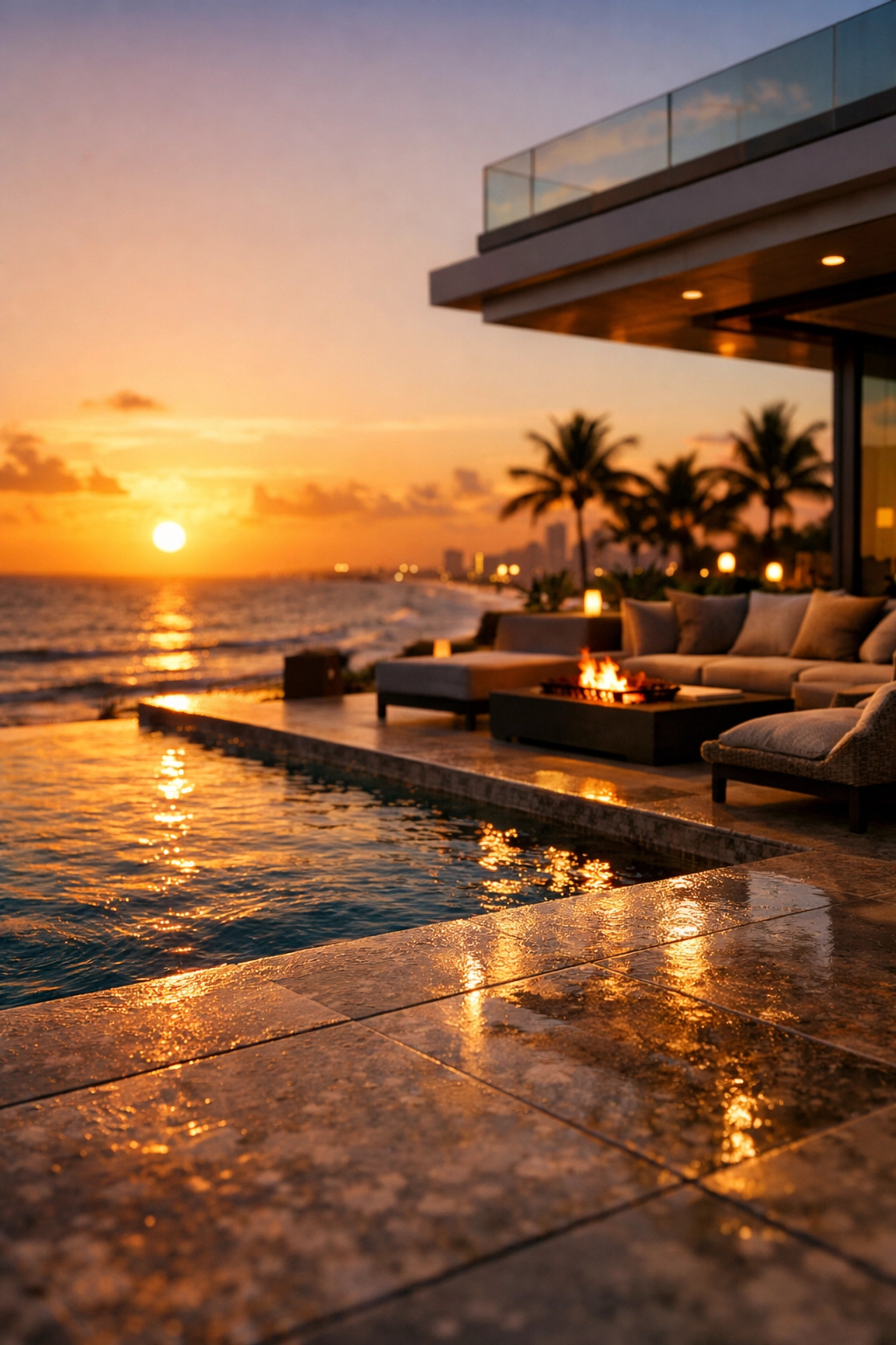 Luxury architectural shots by a commercial photographer in Miami showcasing a penthouse at golden hour.