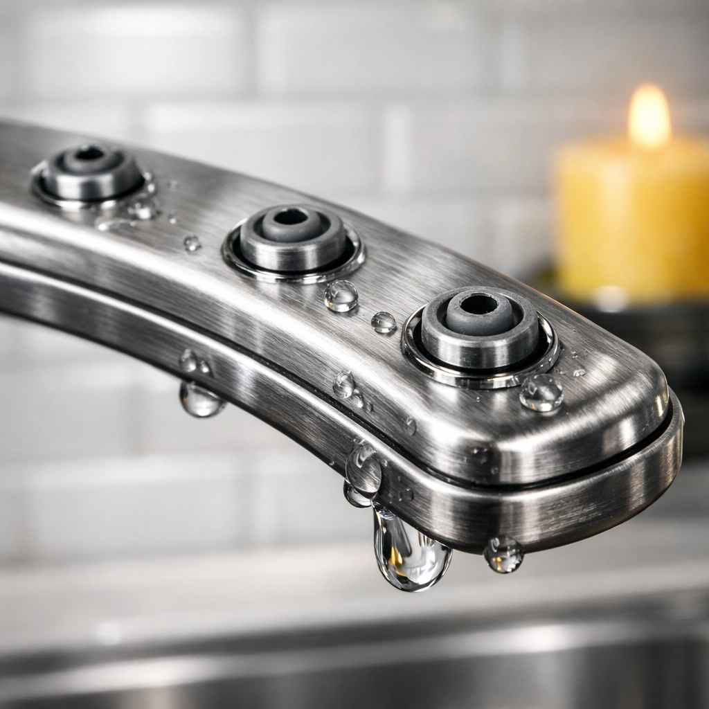 Close-up of a stainless steel dishwasher spray arm with clear nozzles to ensure proper water flow.