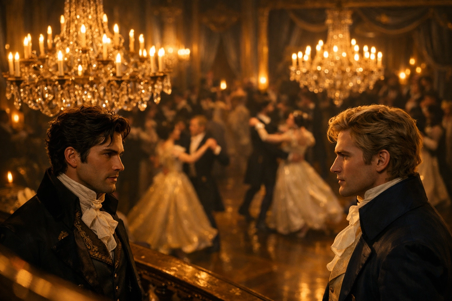 Prince and duke exchange forbidden glances across royal ballroom during Regency era ball