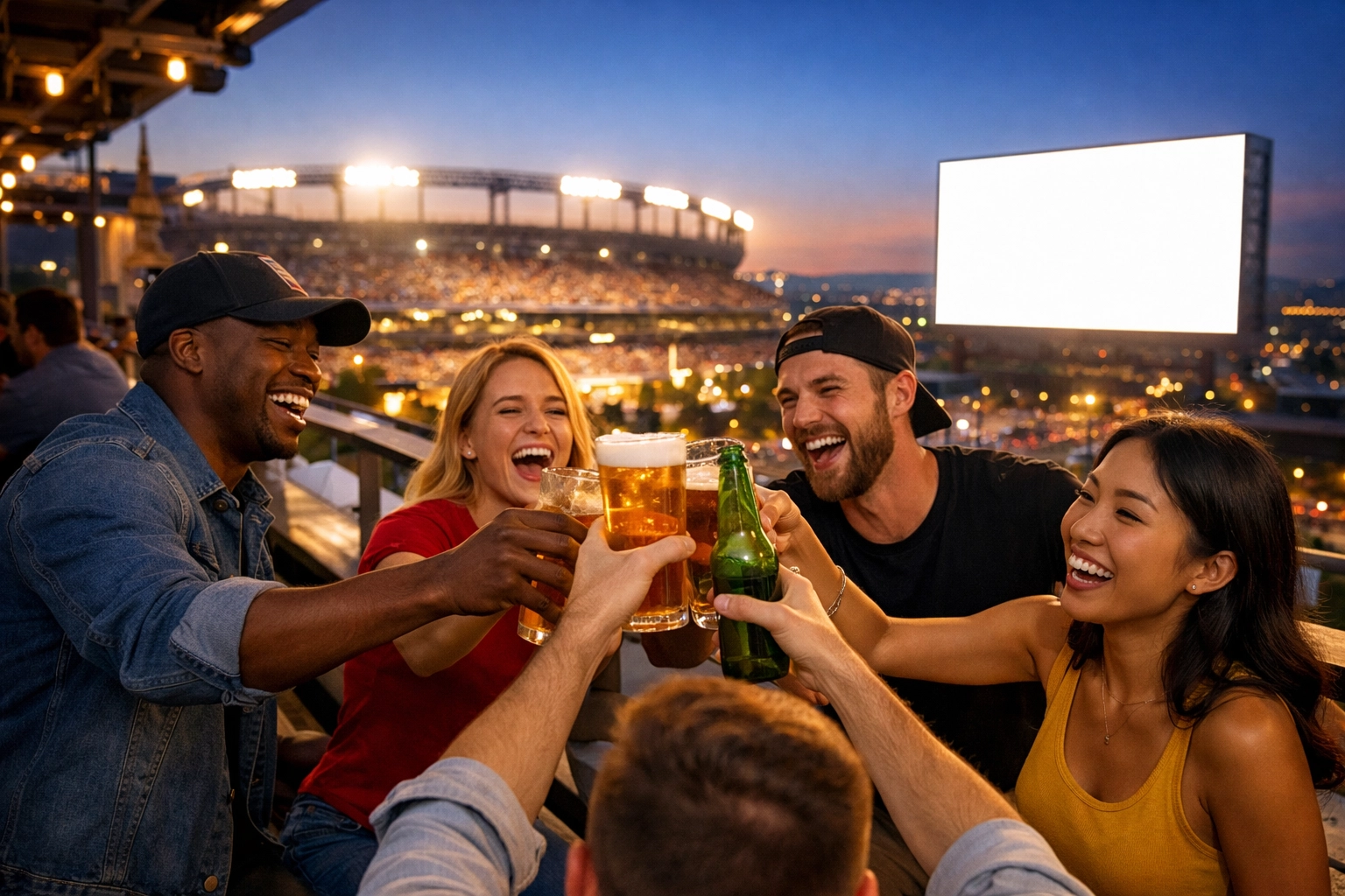 Sports fans at a rooftop bar near a stadium with a large digital out-of-home screen in the background.