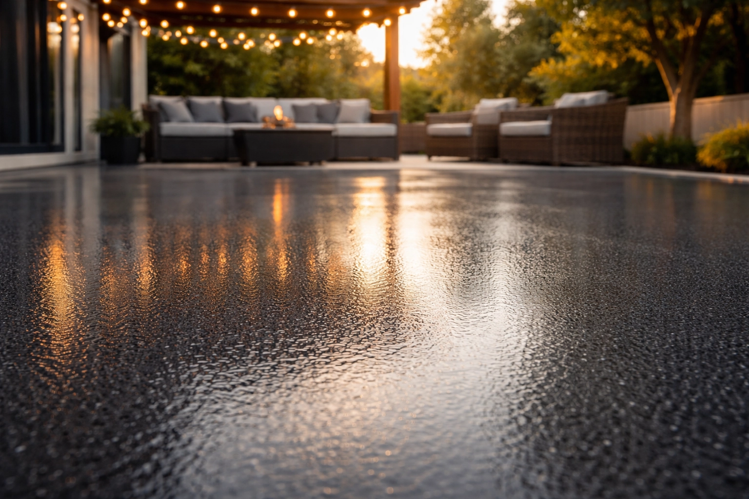 Freshly coated outdoor patio with UV-resistant polyaspartic finish and modern seating area, ideal for Madison MS weather.
