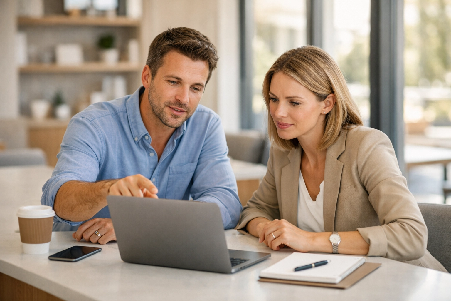 Marketing strategist and client collaborating on seo blog writing services in a sunlit, modern office.