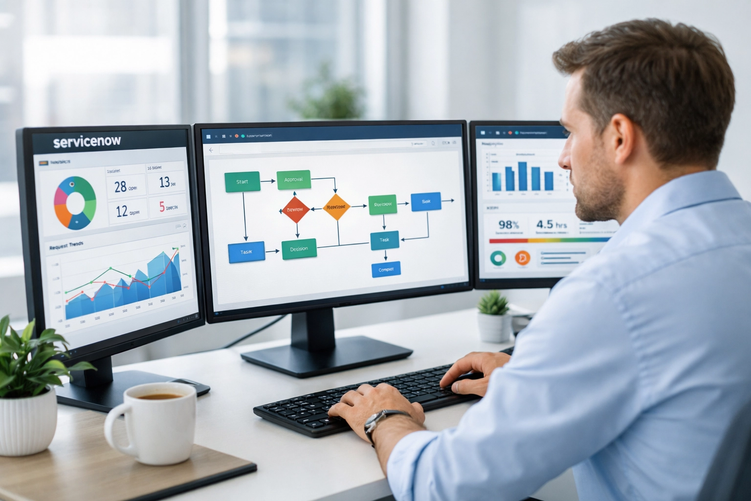 ServiceNow developer configuring custom applications and HRSD modules on multiple screens