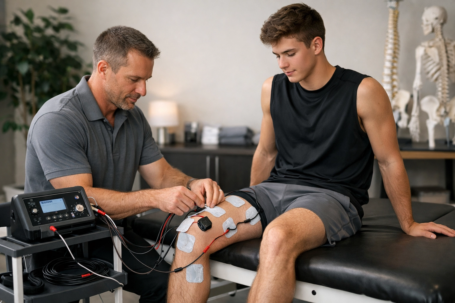 ARP Wave therapy session with visible electrodes and wires connected to the ARP Wave machine in a clinical sports rehab setting.