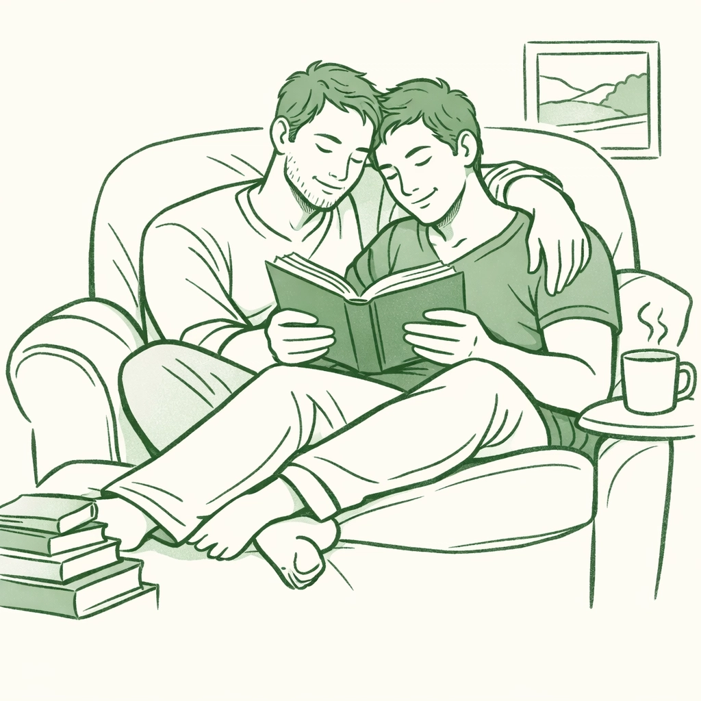 Two men reading together in a cozy chair, showcasing the romantic connection found in MM novels.