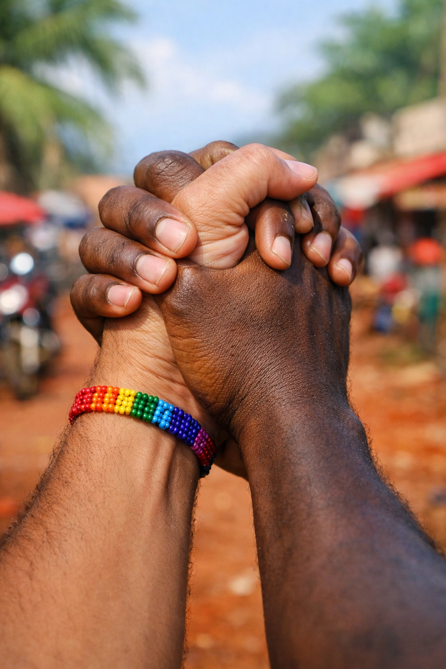 Close-up of men holding hands with a rainbow bracelet, representing LGBTQ+ solidarity and the fight for Pride.