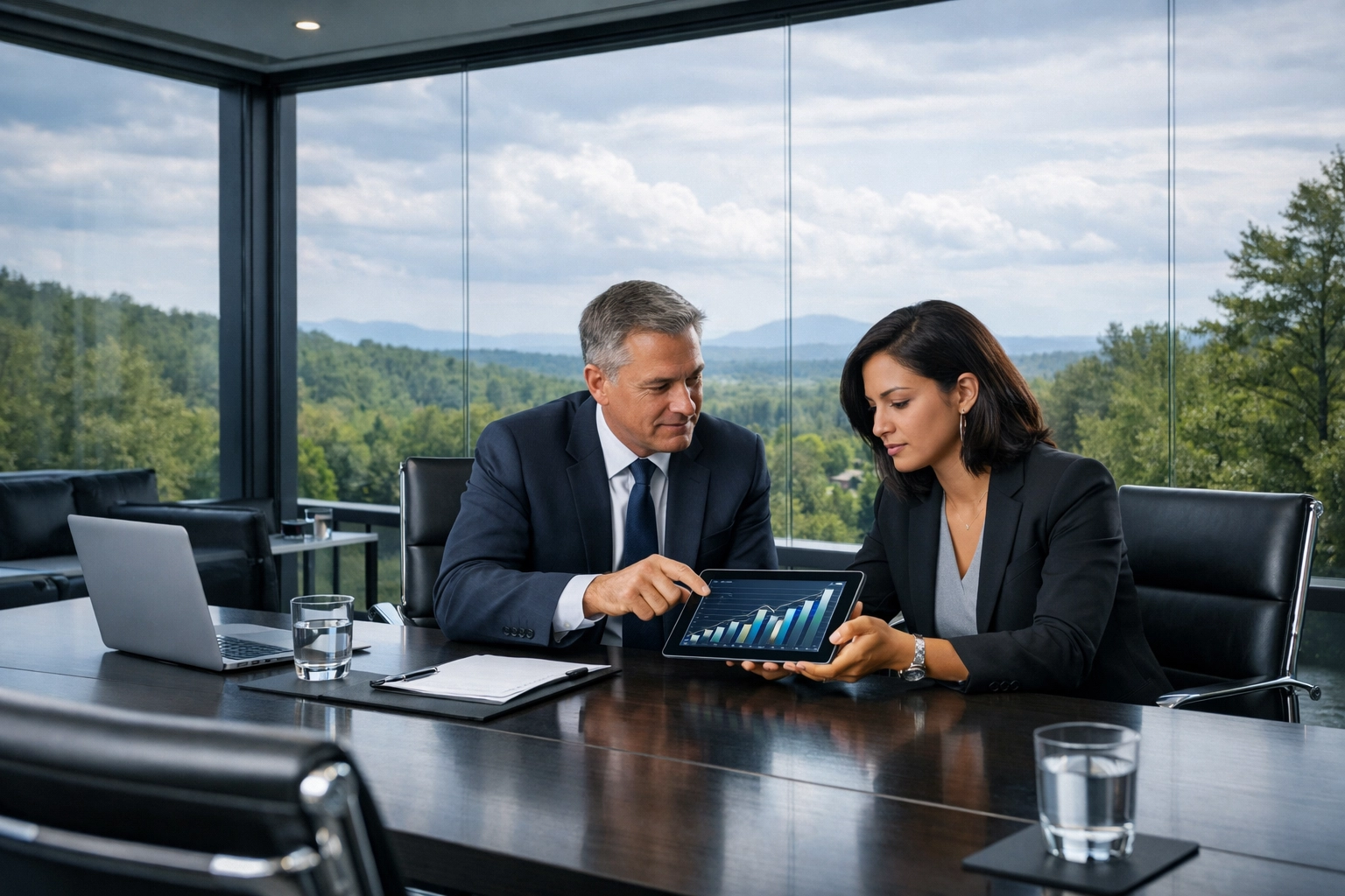 Business professionals discussing an exit strategy and growth charts to sell a business in North Carolina.