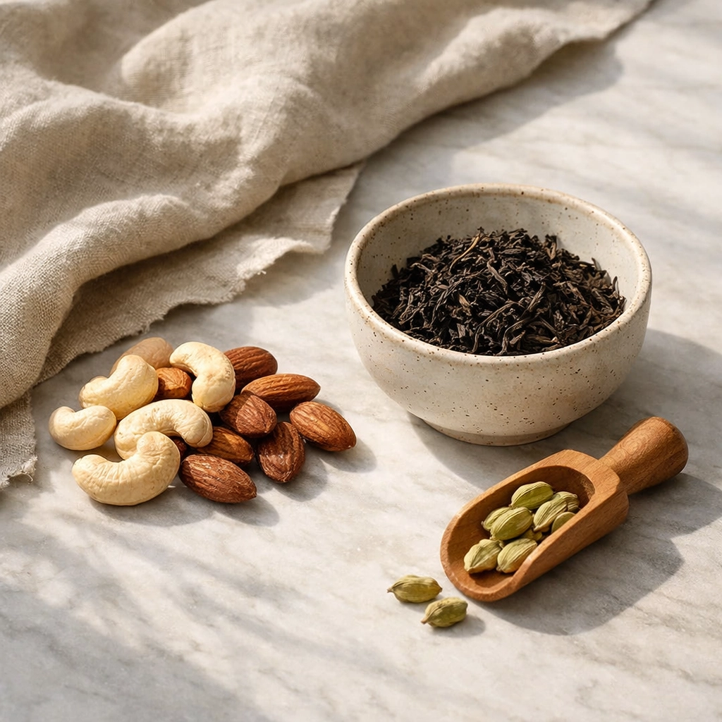 Premium cashews, almonds, and loose-leaf tea, highlighting quality ingredients for a spice gift box.