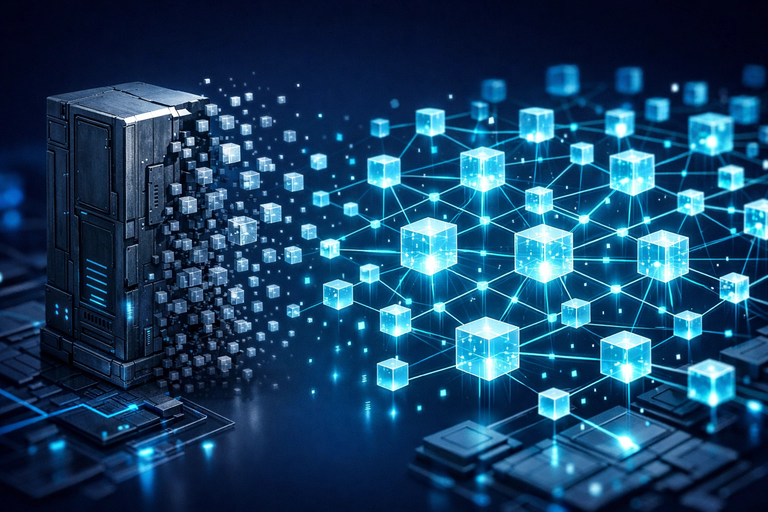 Visualization of a monolithic server transitioning into decentralized serverless cloud functions.