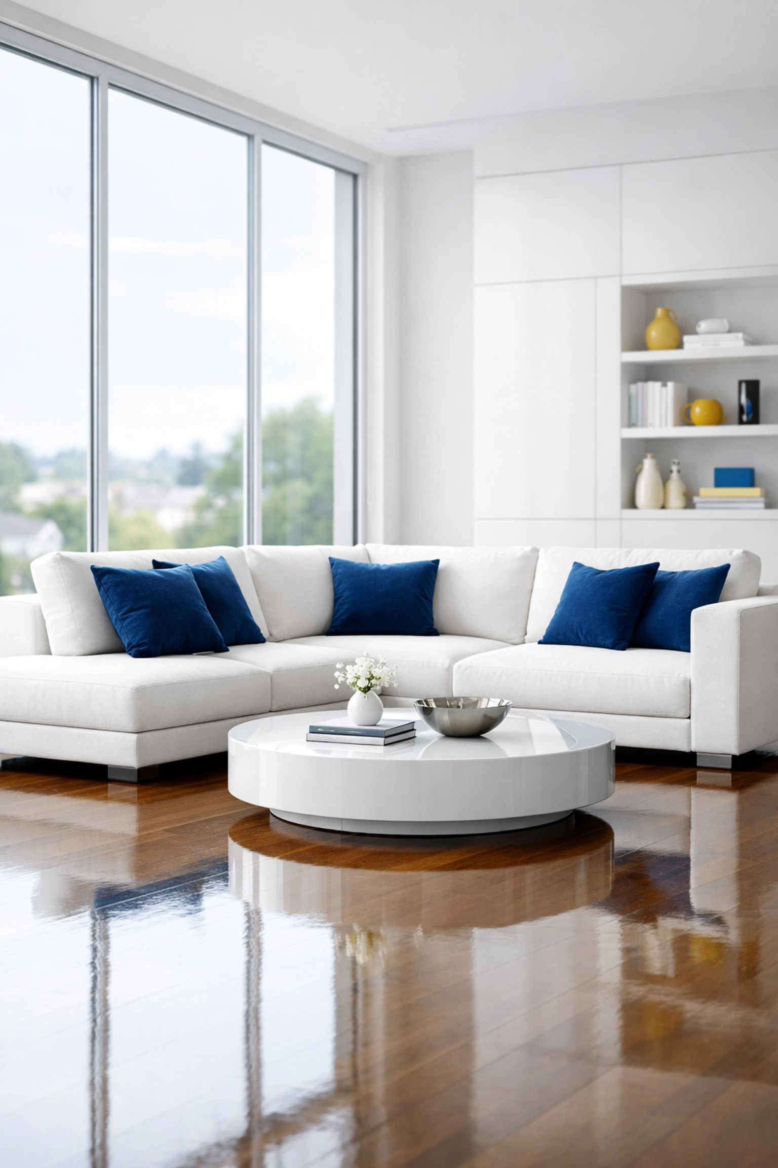 Spotless luxury living room with polished floors after a thorough deep cleaning house session.