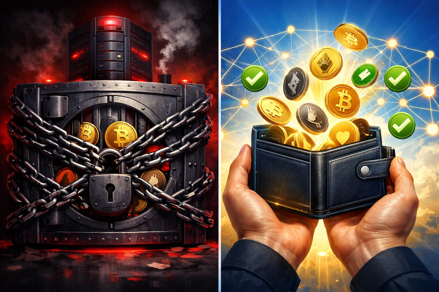 Custodial crypto gateway vs self-custody comparison showing Larecoin's decentralized wallet control