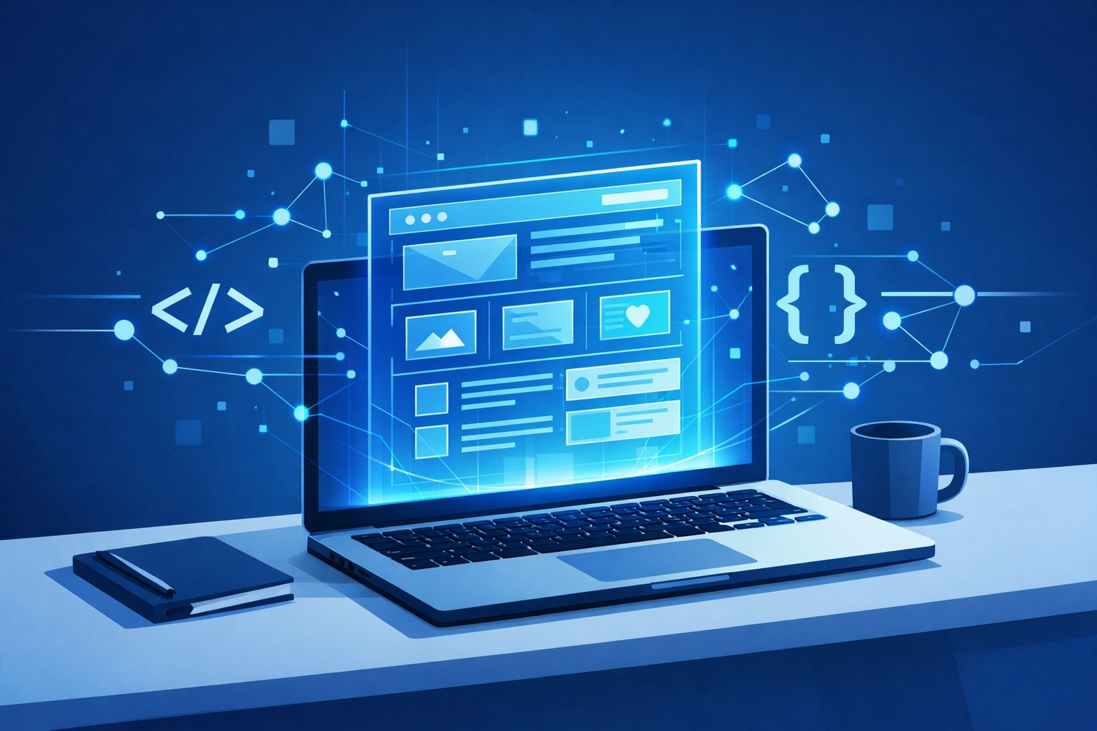 AI-generated website structure blueprint on a laptop representing adaptive development