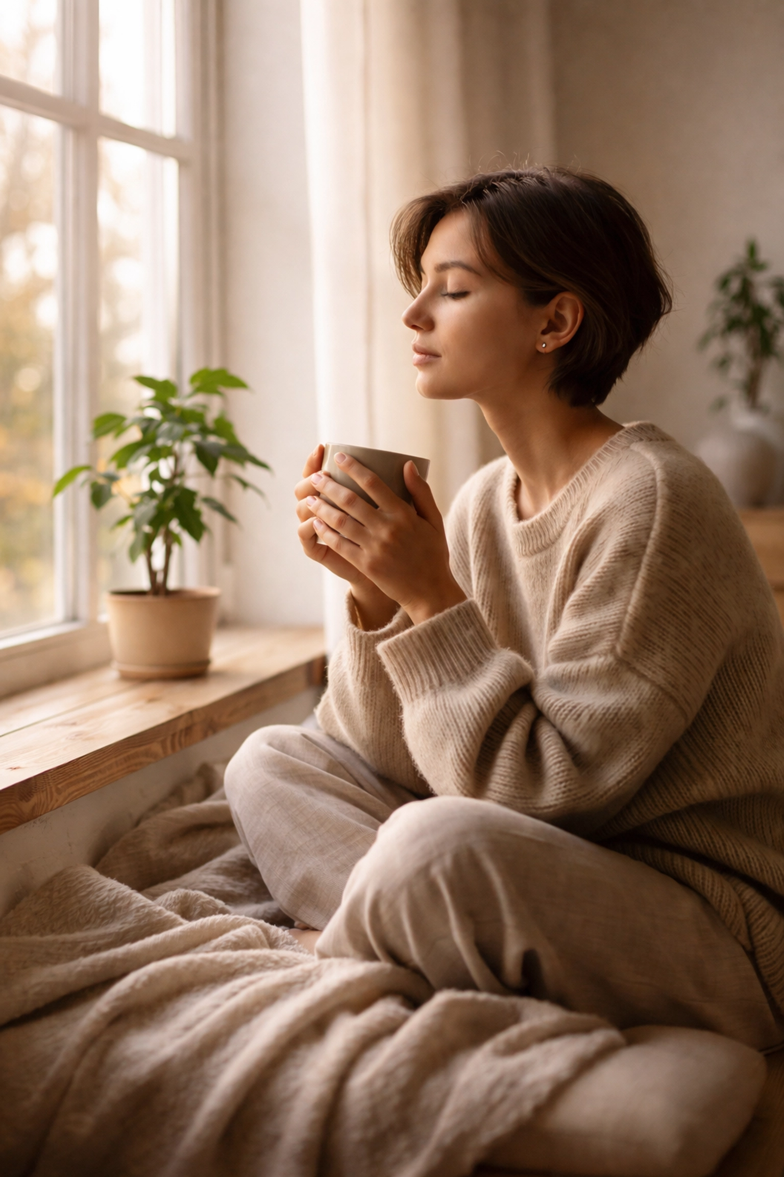 Person practicing mindfulness and stillness at home, reflecting on mental health and self-reasoning.