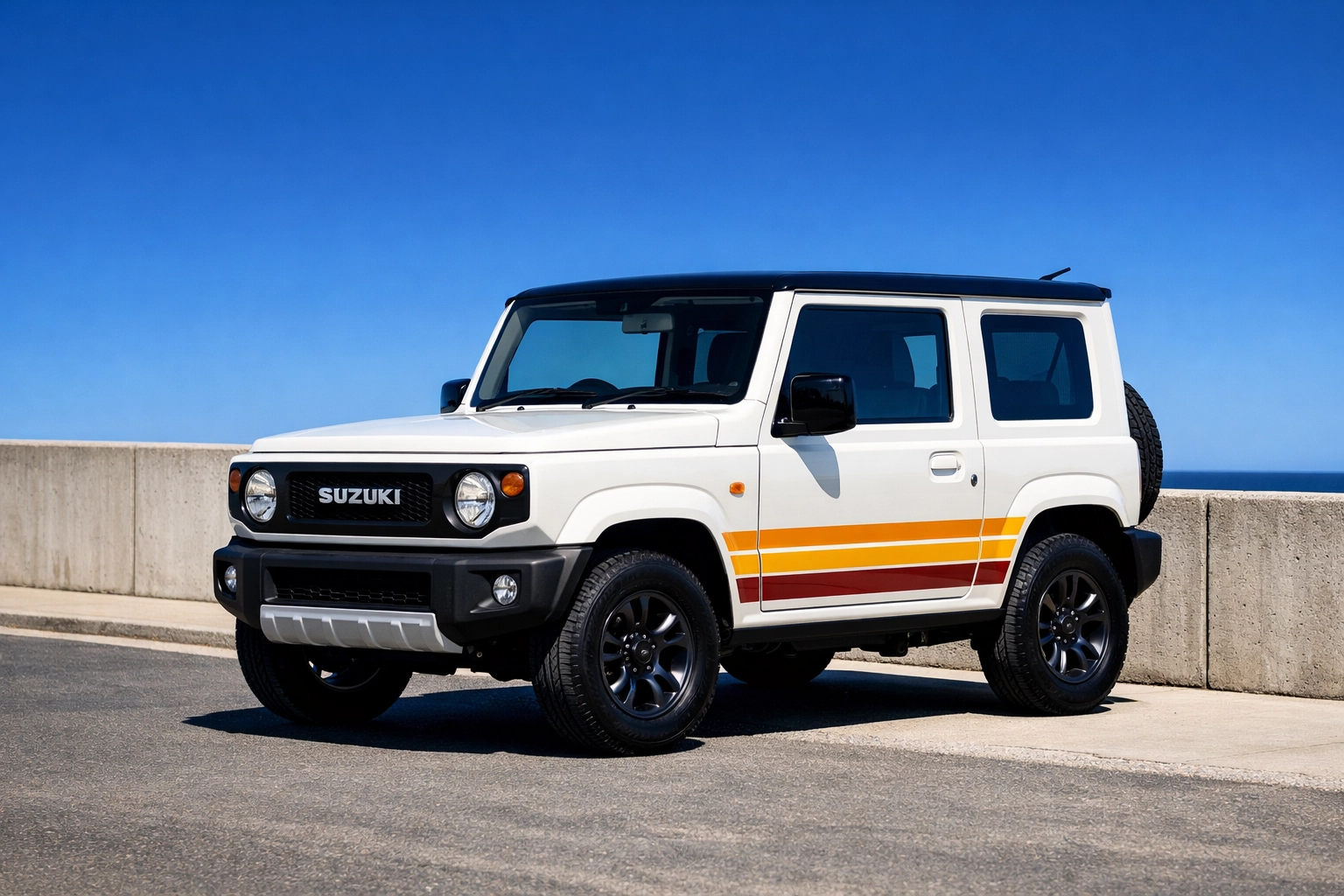 White Suzuki Jimny featuring retro orange and yellow vinyl door stripes at a sunny coastal lookout.