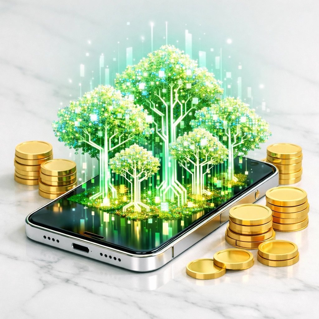 Conceptual image of digital growth and passive wealth using automated AI technologies and smart systems.