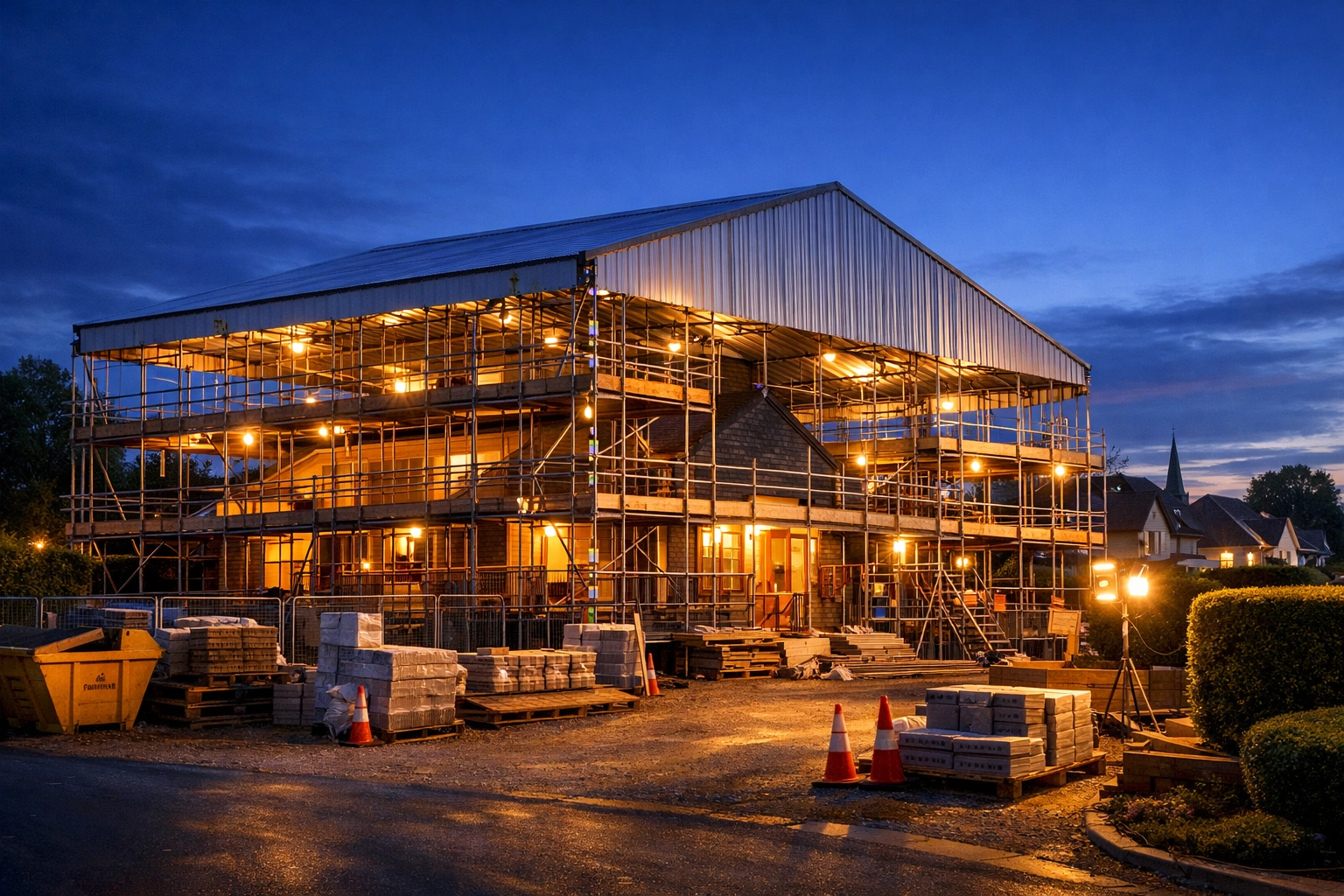 Bungalow renovation site in Arundel with professional scaffolding and a protective temporary roofing system.