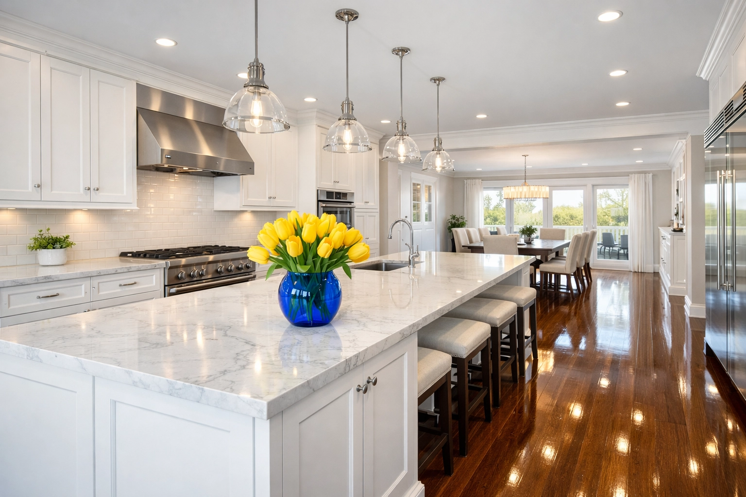 Sparkling clean kitchen with polished floors, showing the results of professional weekly house cleaning in Ashby MA.