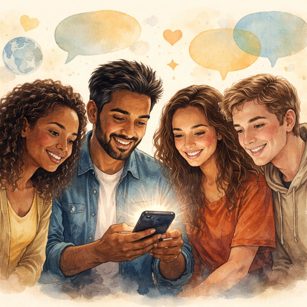 A diverse group of friends sharing a smartphone, symbolizing invitation and unity across languages at Boundless Online Church.