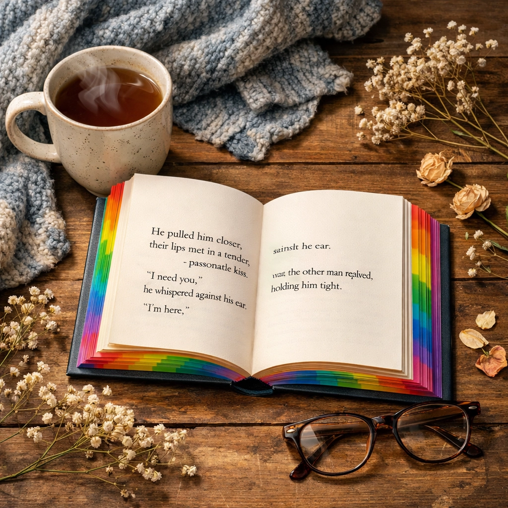 MM romance book with tea and blanket for bibliotherapy healing ritual