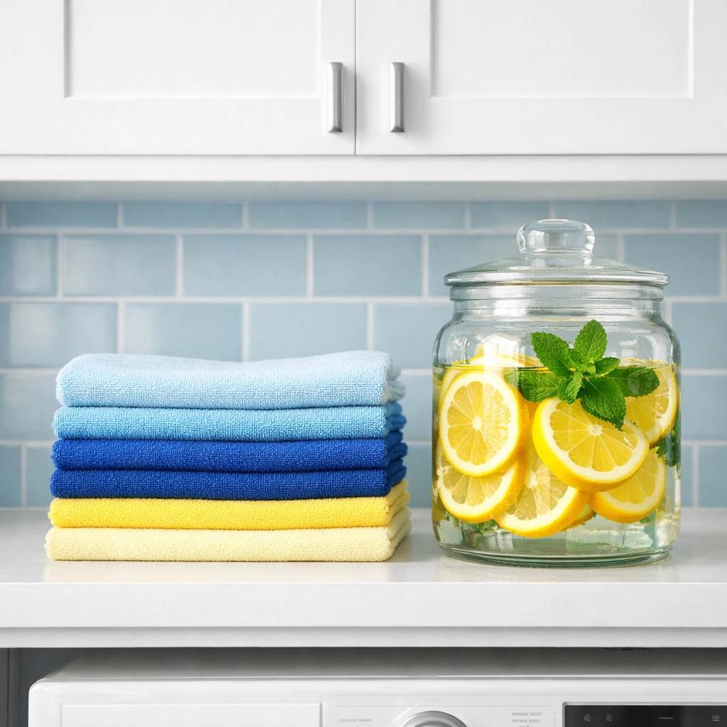 Neatly folded blue and yellow microfiber cloths with lemons in a minimalist laundry room.