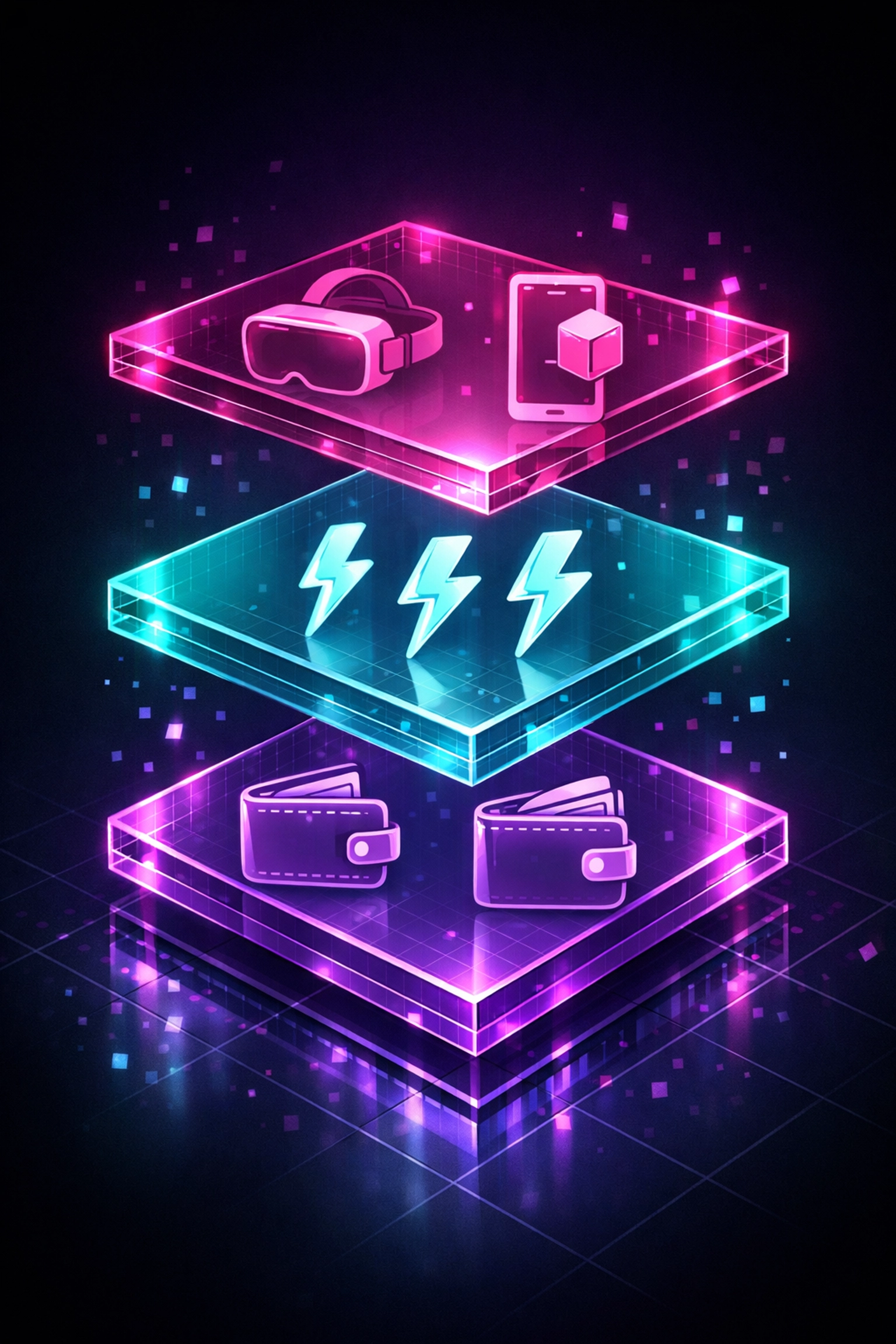 Larecoin's three-layer payment infrastructure showing merchant wallets, payment rails, and VR/AR commerce