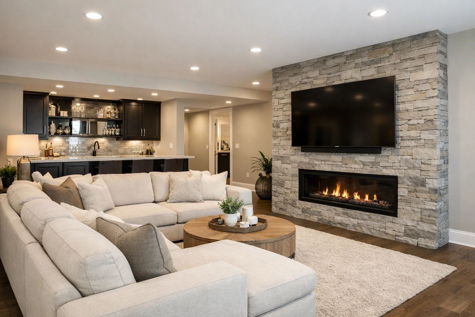 Expertly finished basement in Columbus, Ohio with a modern fireplace and cozy living space.