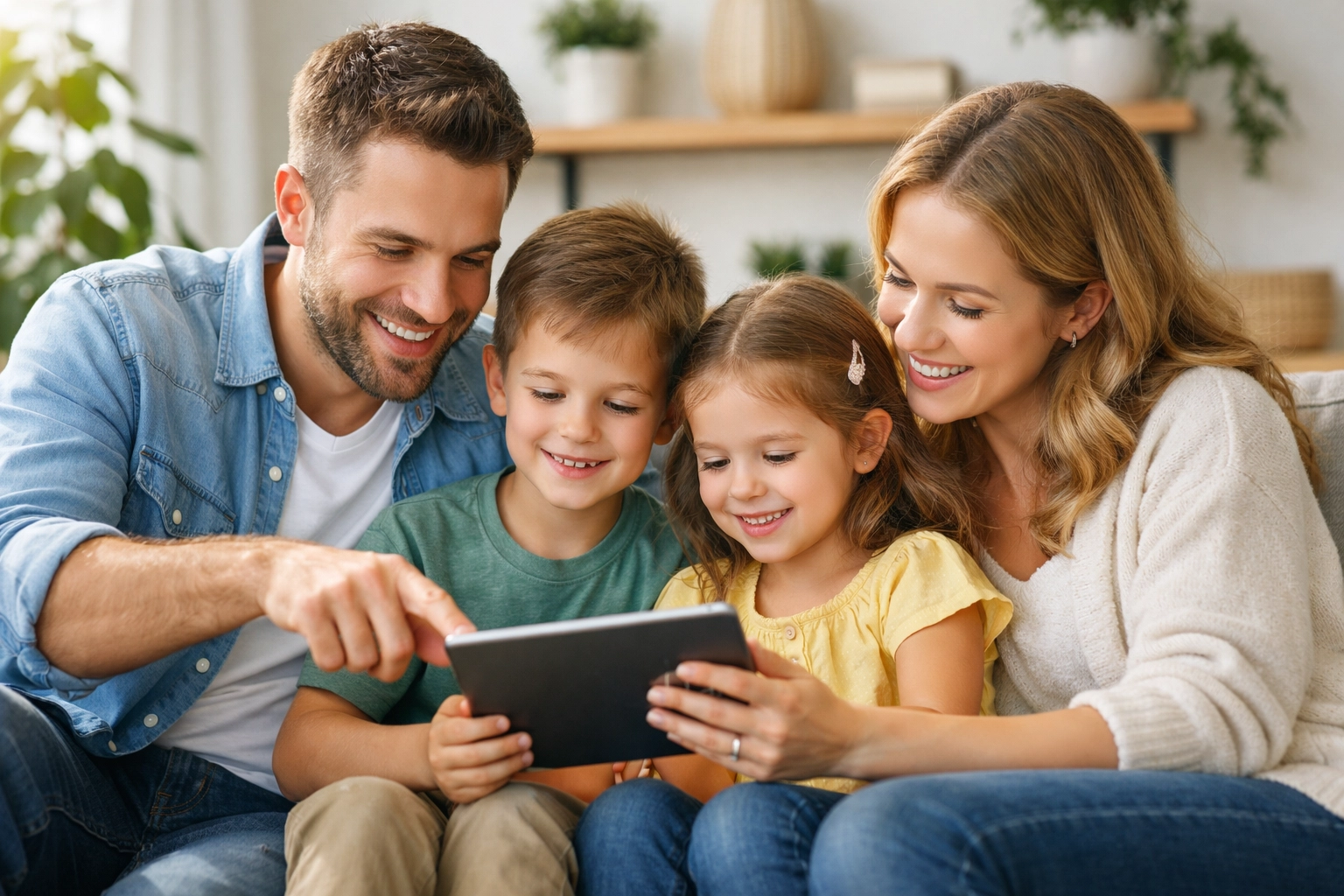 A Christian family using a tablet together for digital prayer and online Bible study at home.
