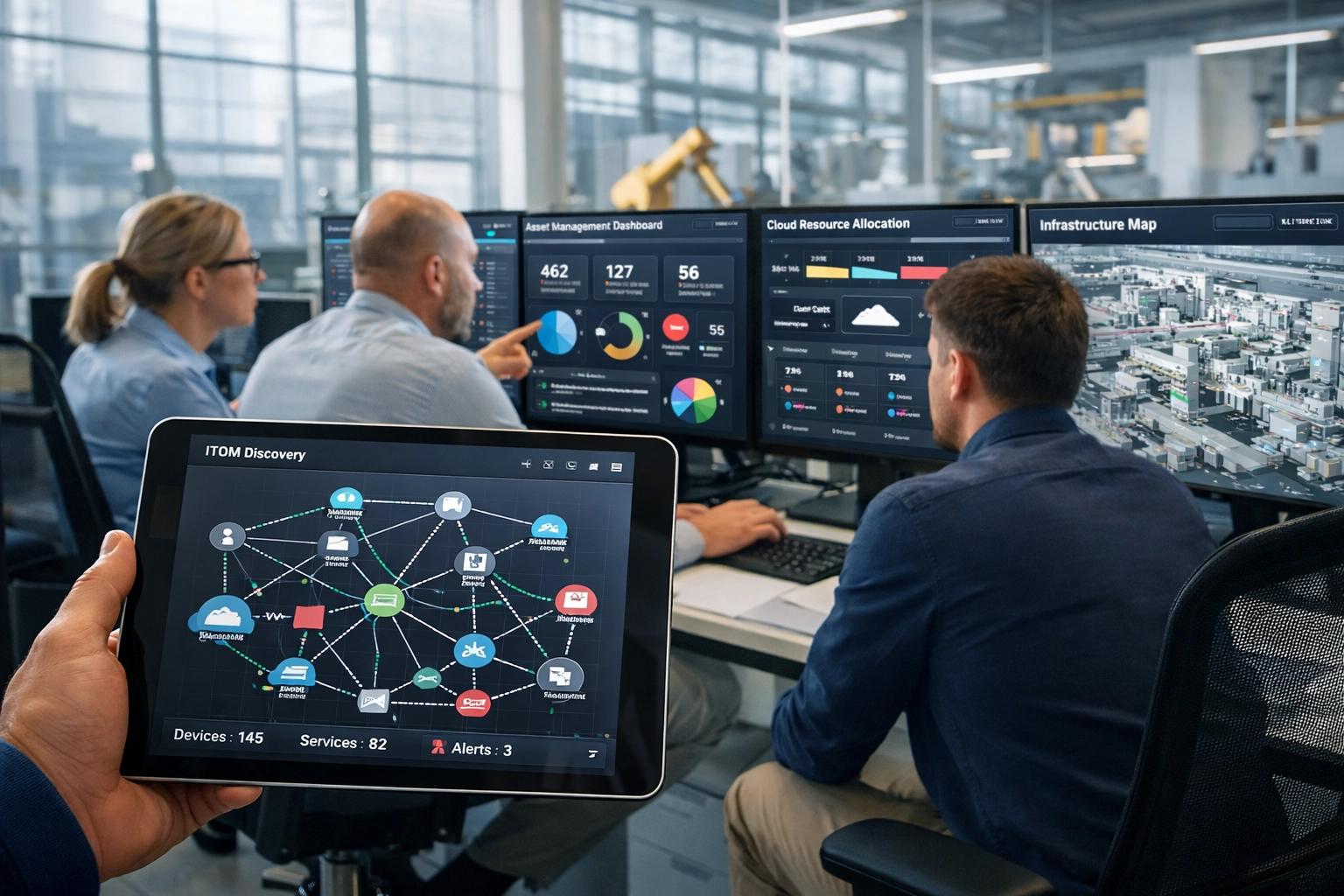 IT professionals monitoring ITOM asset management dashboards in ServiceNow control center