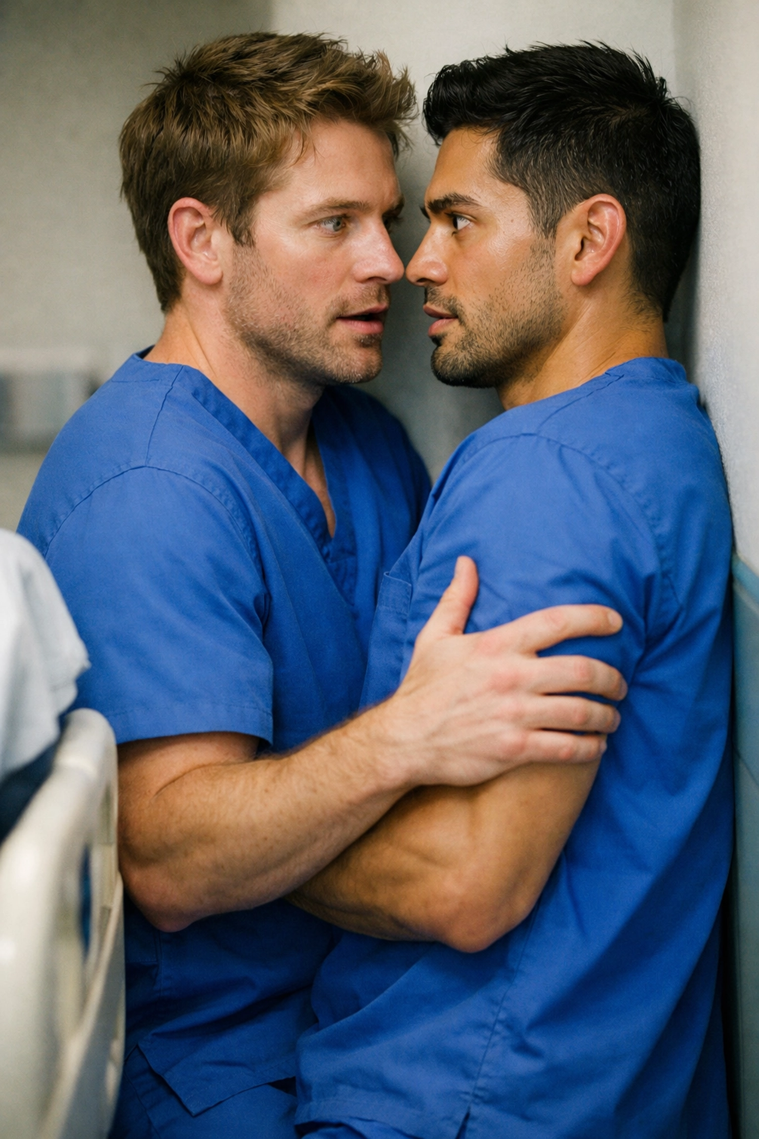 Two male doctors in scrubs locked in a moment of forced proximity, a popular trope in gay romance and MM novels.