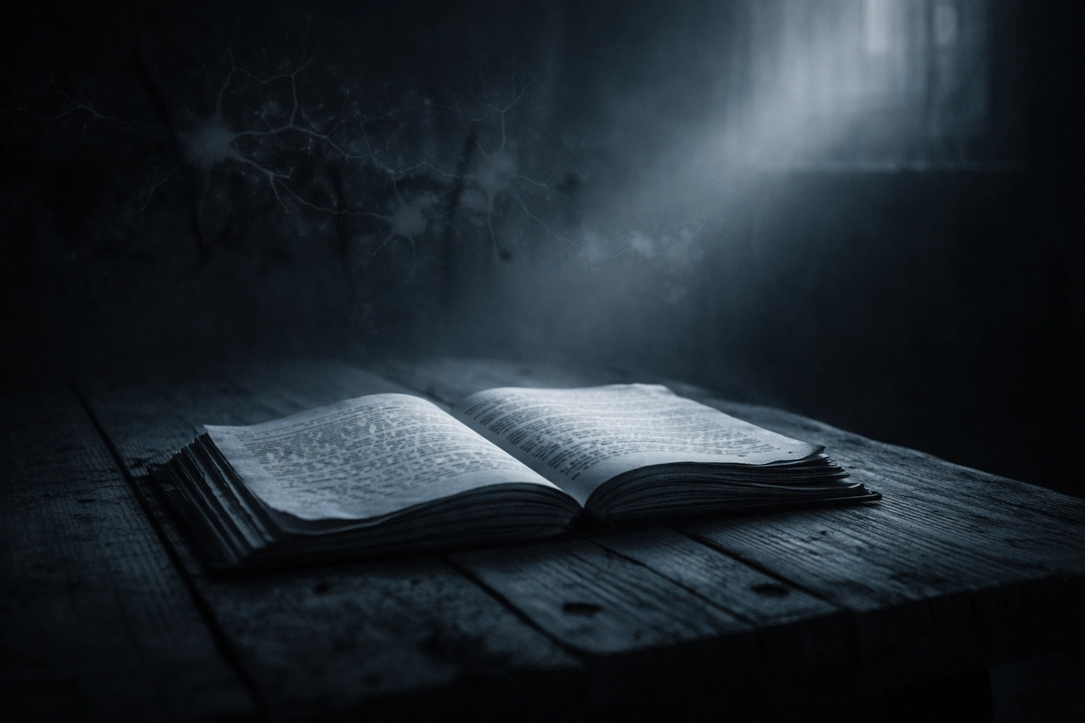 Ein aufgeschlagenes Trauma Bewältigung Buch auf einem alten Tisch in düsterer Atmosphäre, symbolisiert emotionale Tiefe und Verarbeitung.