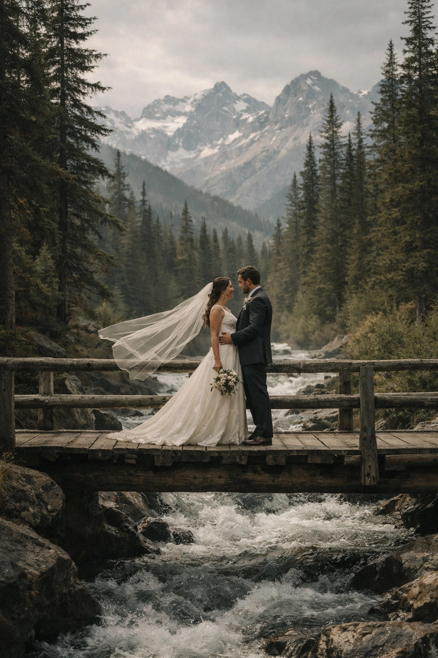 Bride and groom on wooden bridge during Banff mountain elopement ceremony