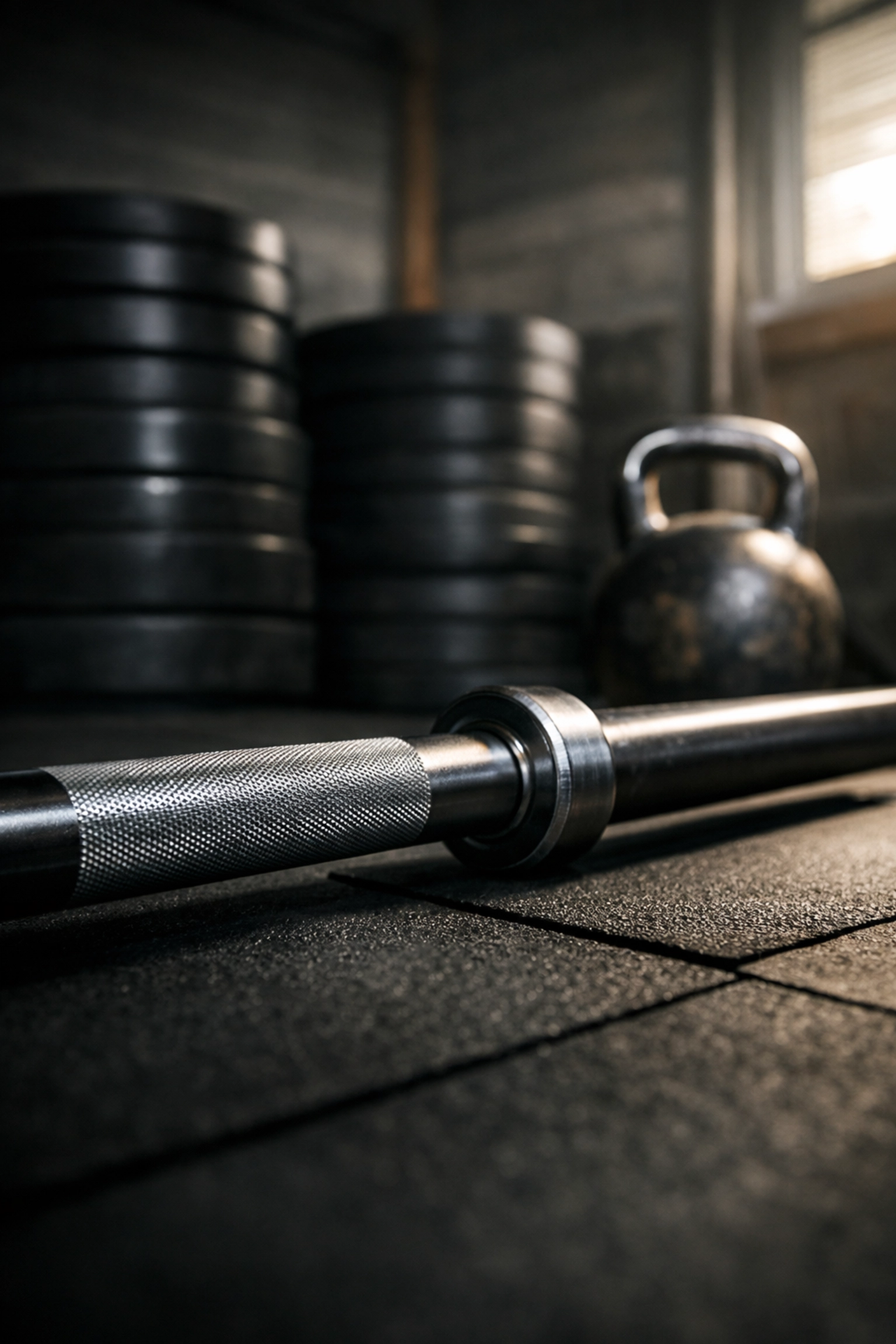 Professional Olympic barbell and bumper plates on gym floor mats for resistance training at home.