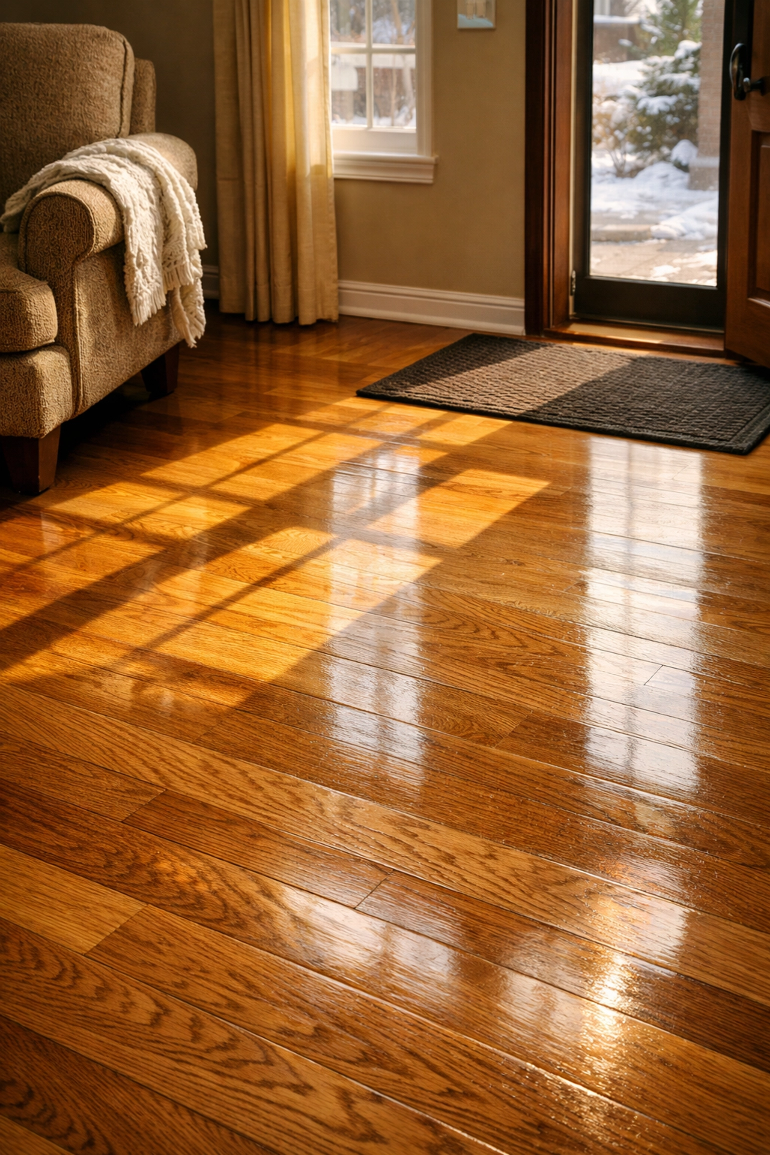 Well-maintained hardwood floor in Chicago living room with natural light and glossy finish