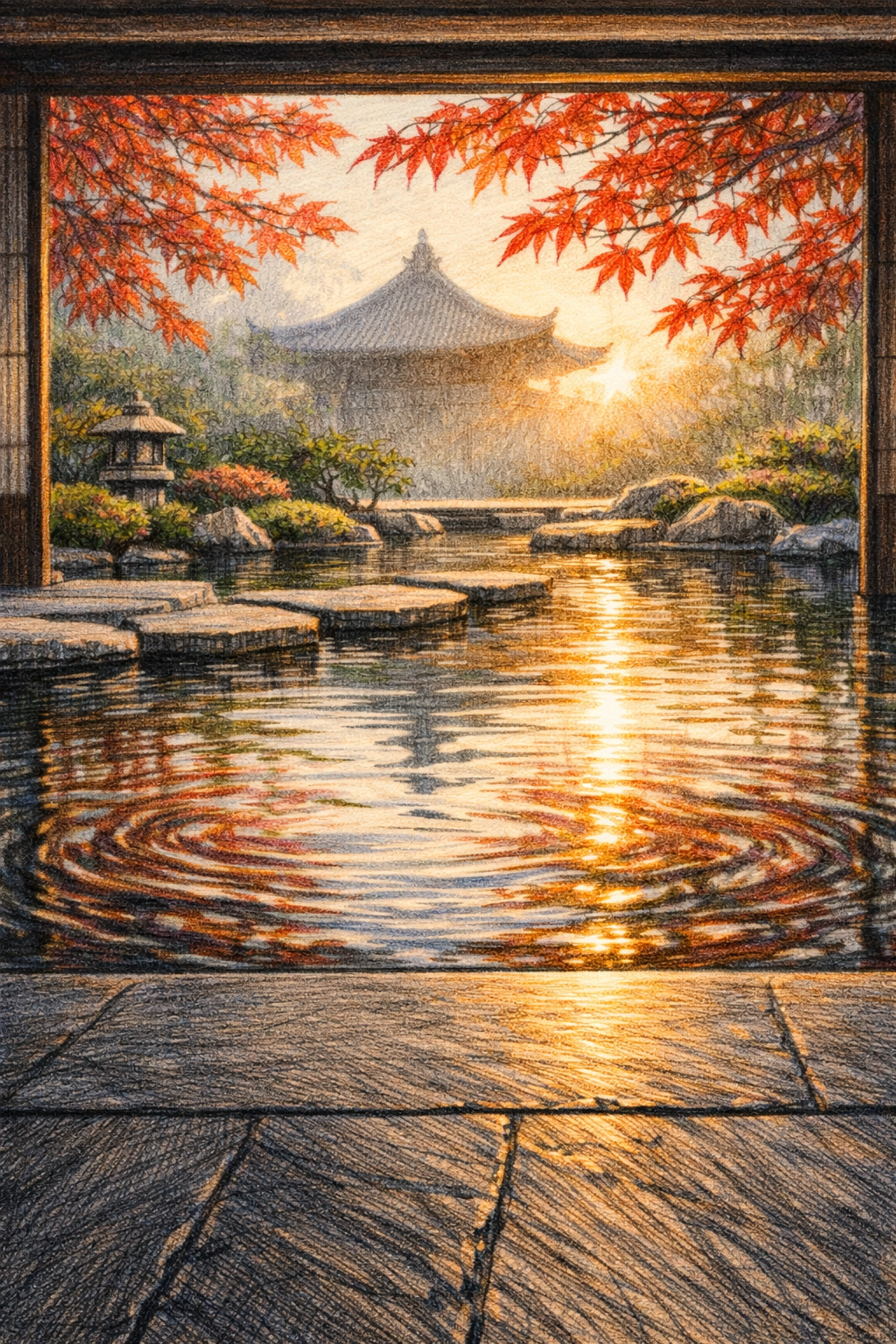 Contemporary Japanese water garden with a stone reflection pool, showcasing luxury hotel architecture and culture.