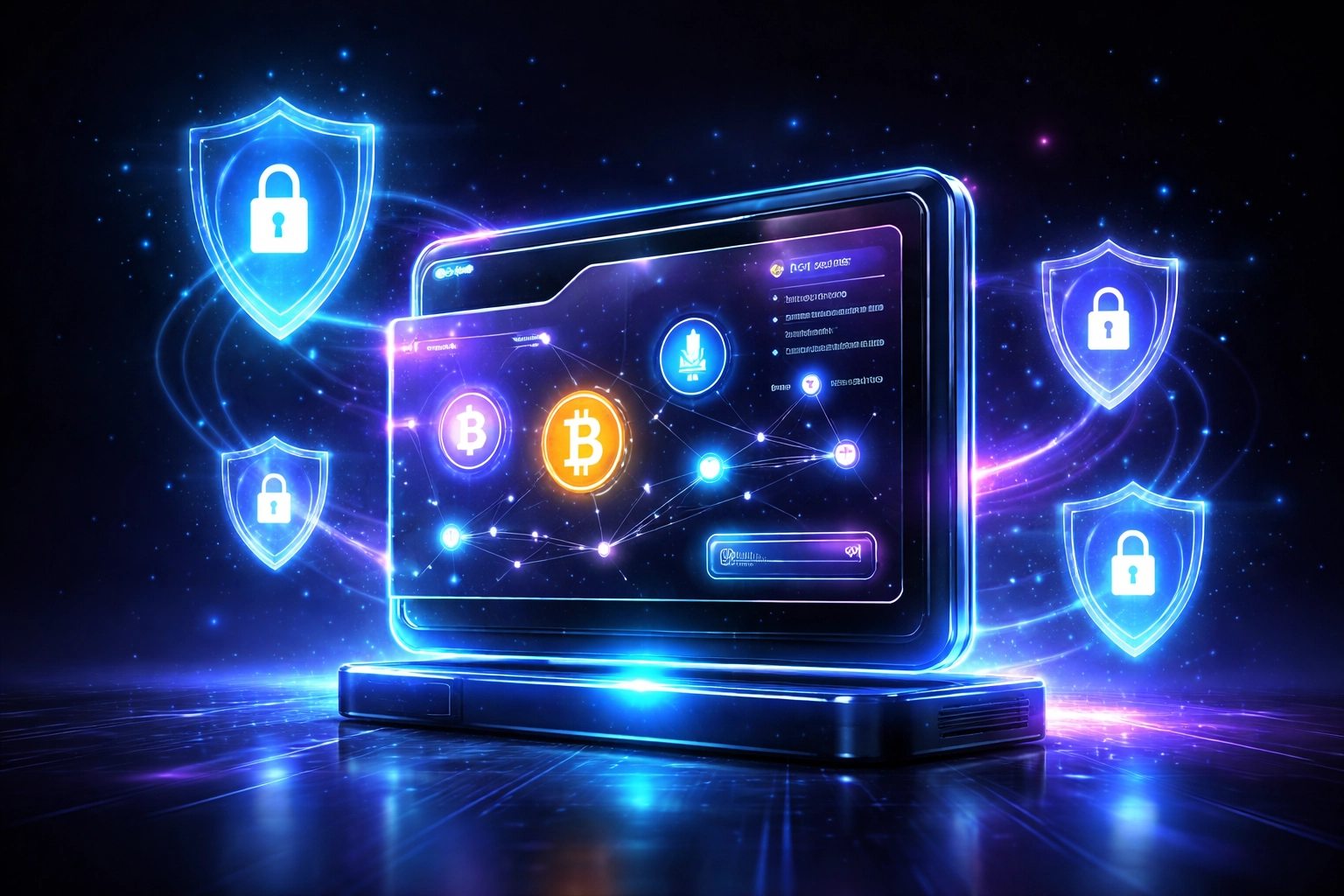 Futuristic digital wallet with cryptocurrency symbols and security icons representing Larecoin Smart Wallet self-custody benefits.