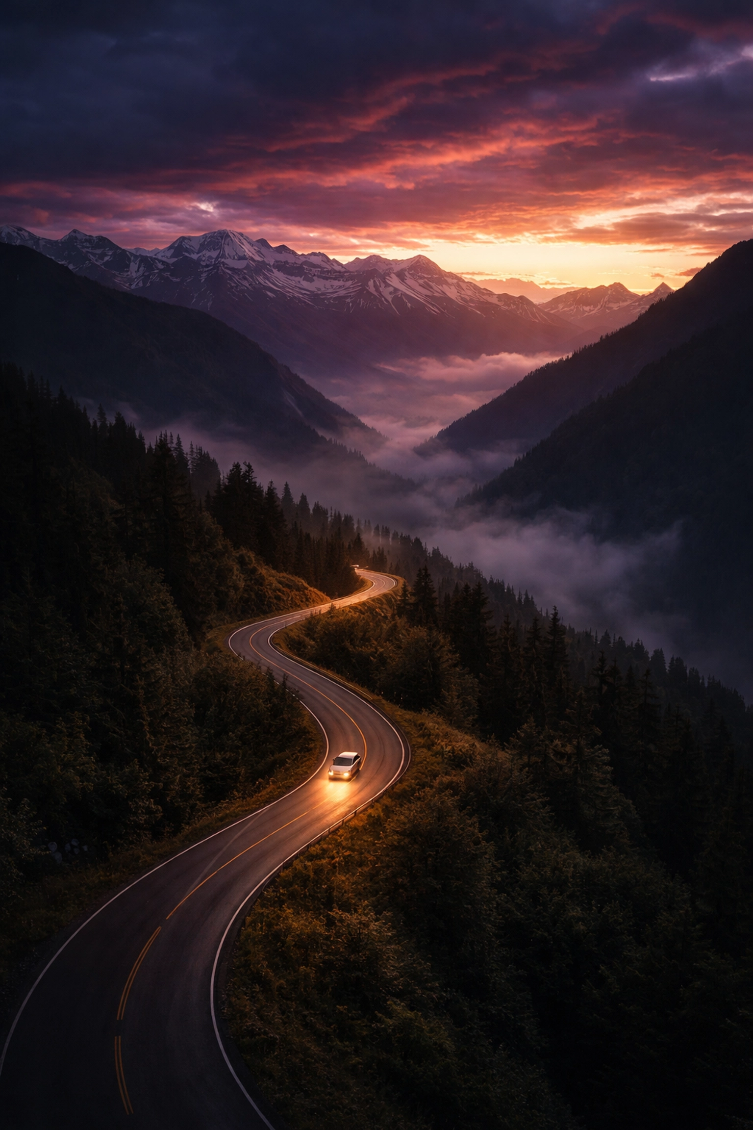 A winding mountain road at dusk with a luxury car, representing the long-term investment journey and strategic wealth planning for accredited investors.