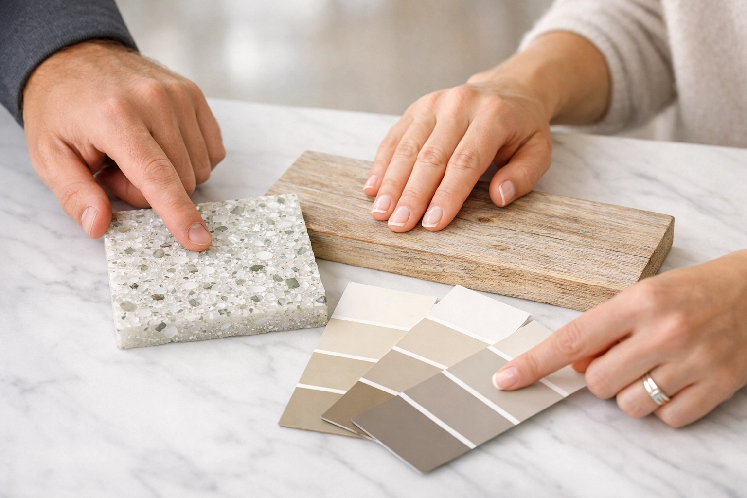 Homeowner and expert reviewing sustainable green building materials for a Central Florida renovation.