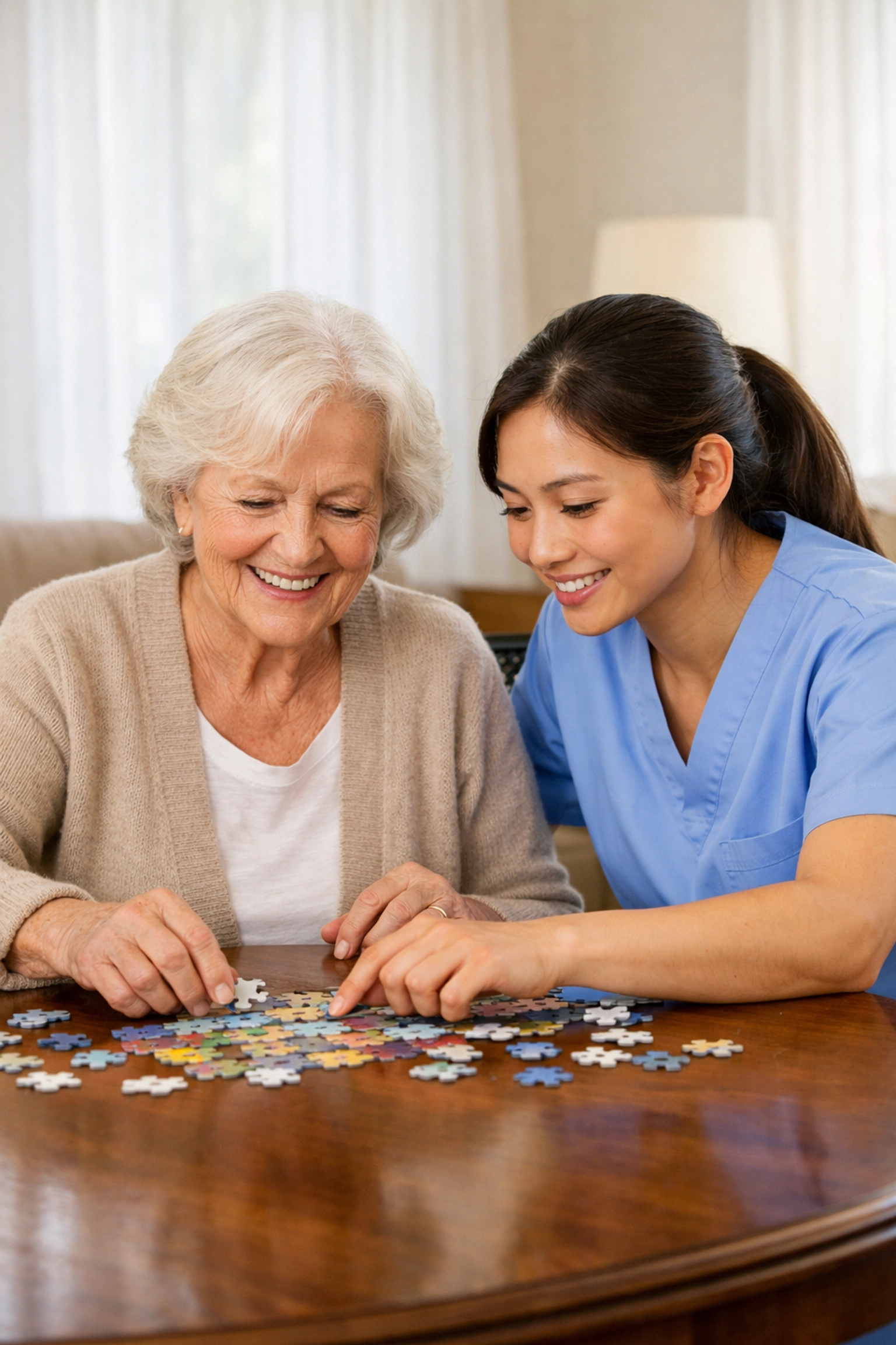 Trained caregiver and senior woman bonding over a puzzle in a sunlit home setting.