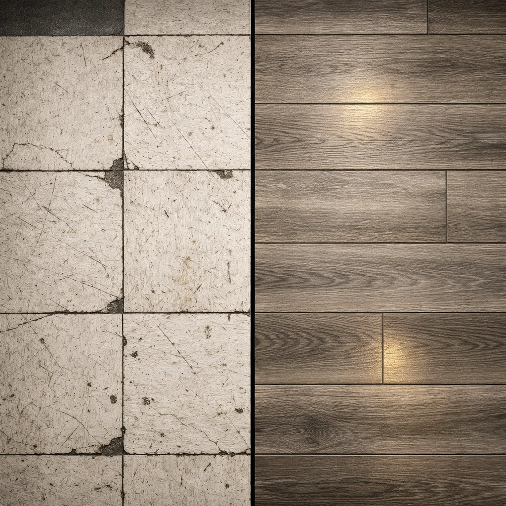 VCT flooring wear and damage compared to durable LVT under commercial traffic conditions