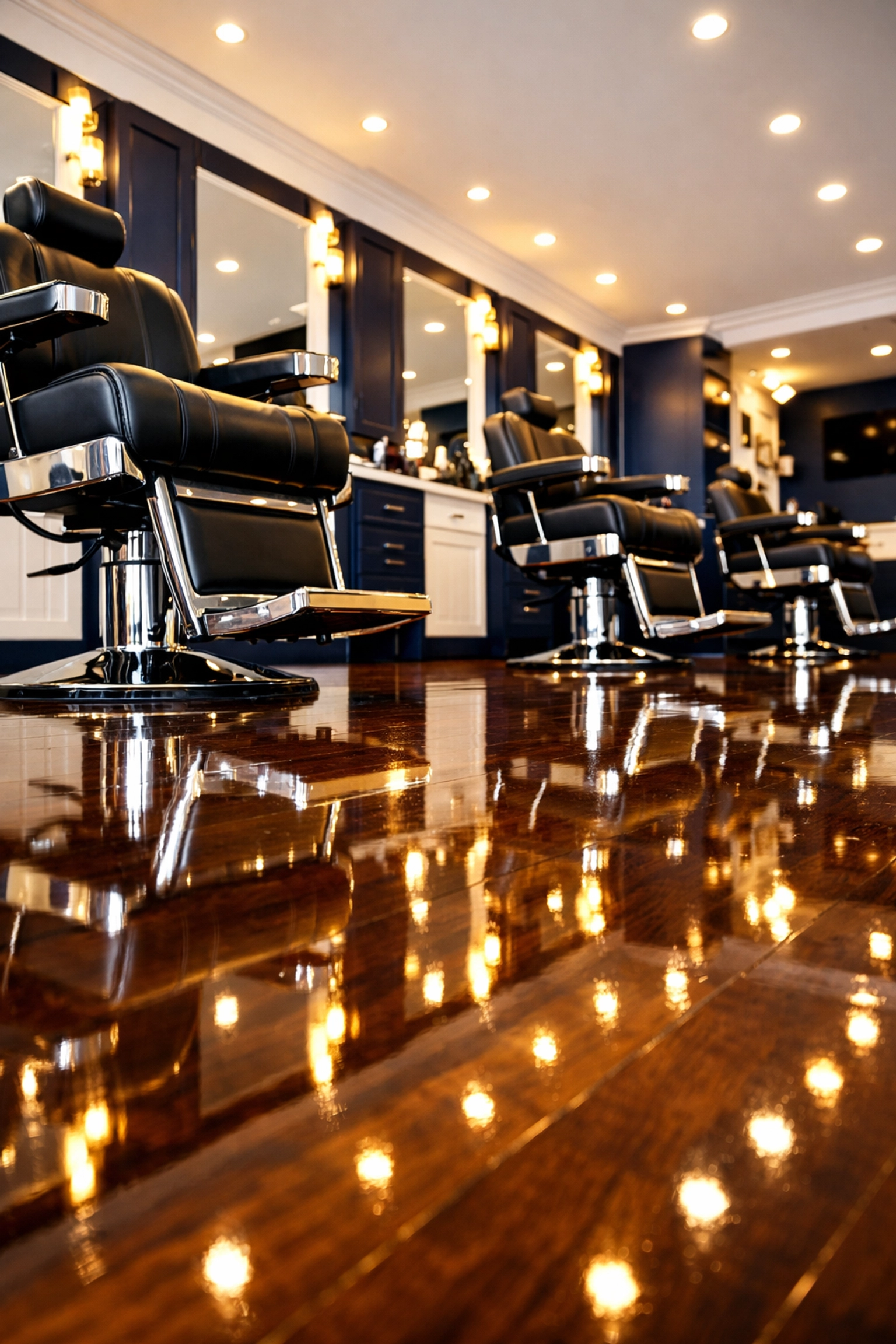 Spotless, polished hardwood floor in a luxury Dedham salon reflecting clean styling chairs.