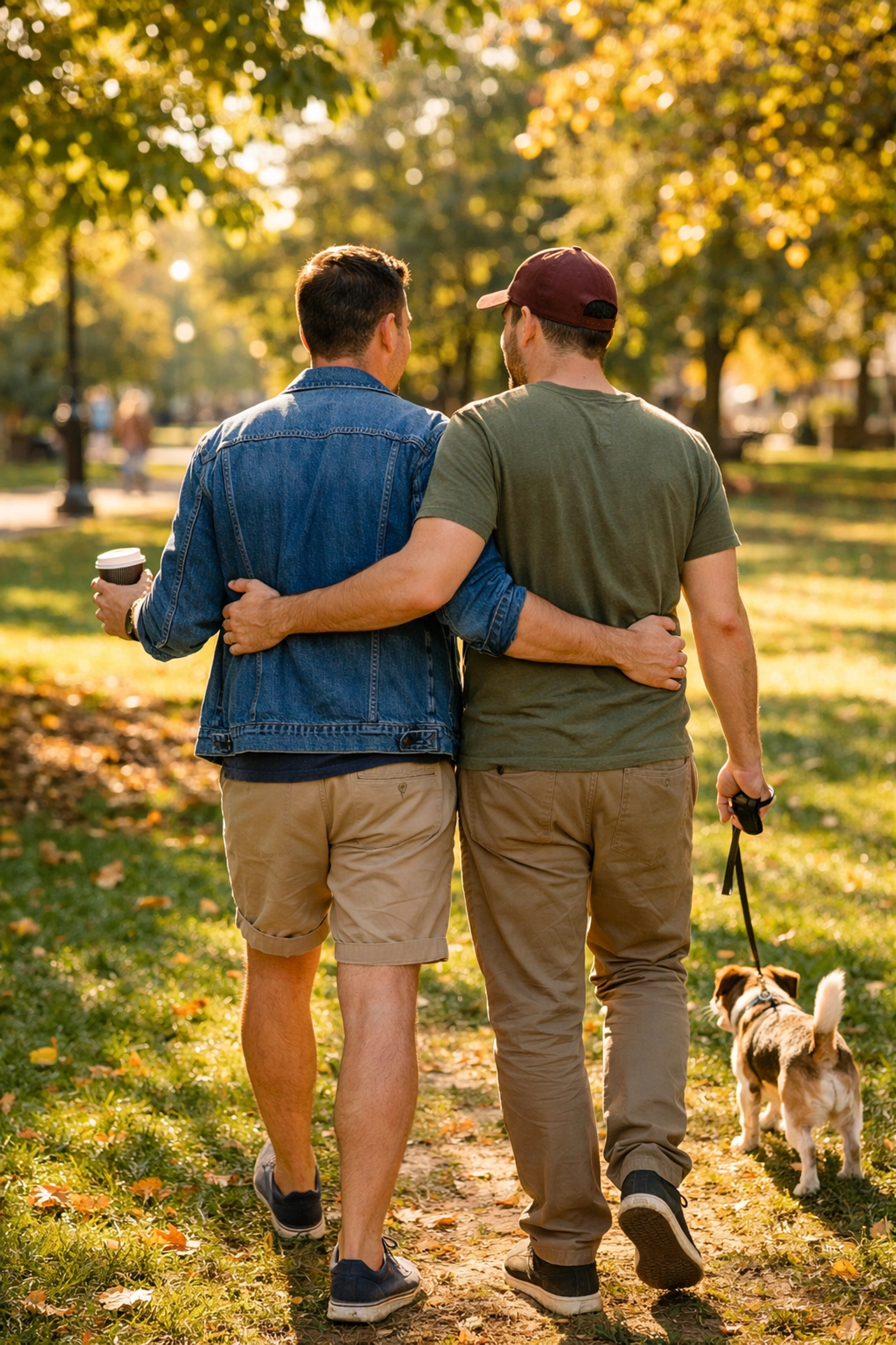 Gay couple walking dog together in park - LGBTQ+ relationship growing closer