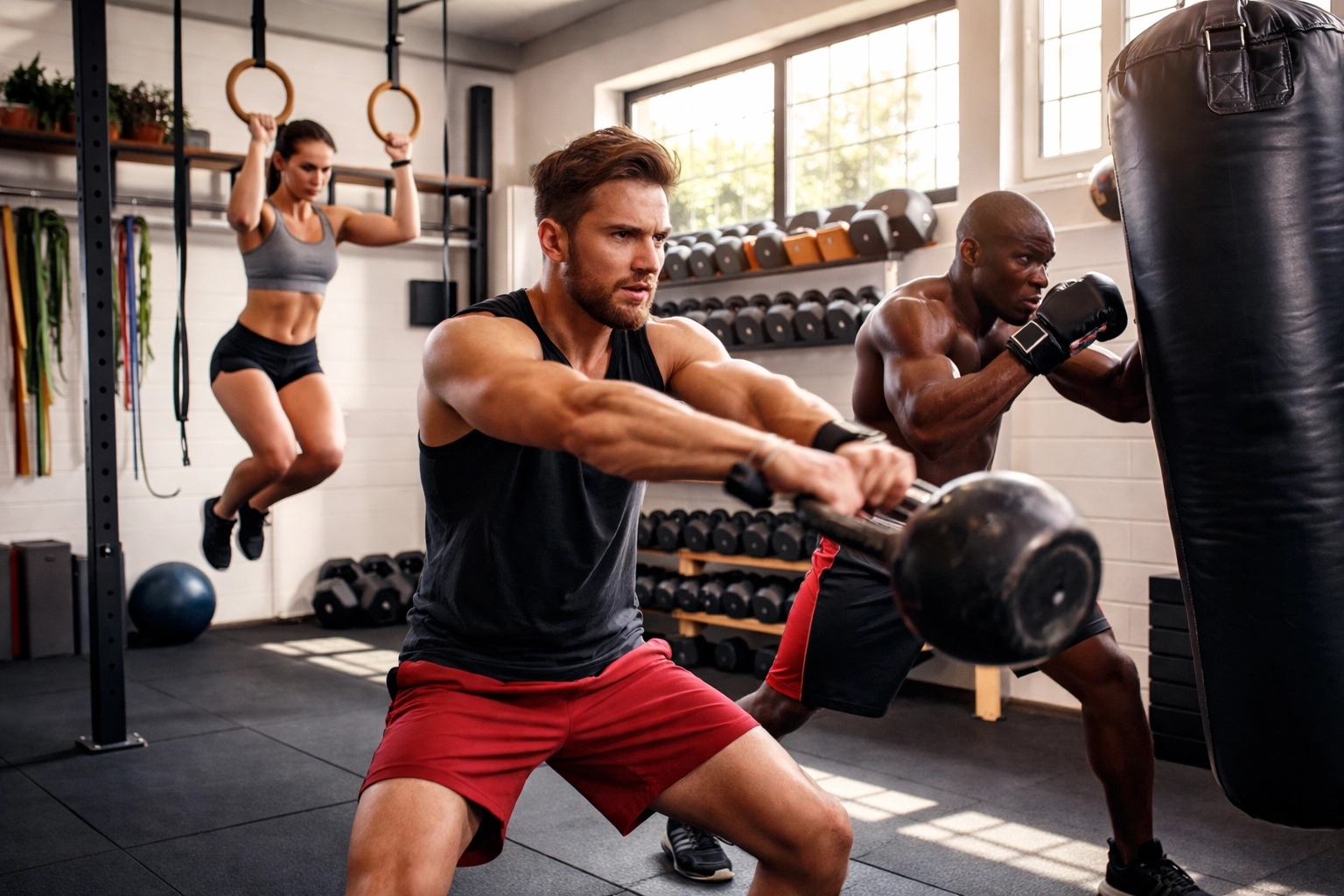Group of athletes training in an organized home gym, featuring rings, kettlebells, and MMA gear, representing full body workout and versatile fitness equipment.