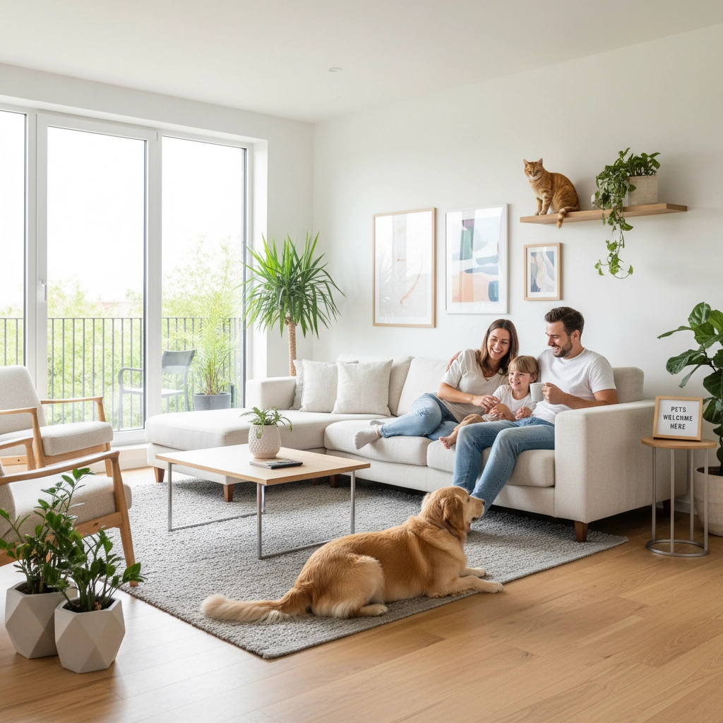 Family with a child and dog relaxes on a white couch in a bright living room. A cat sits on a shelf above. Sign reads "Pets Welcome Here."