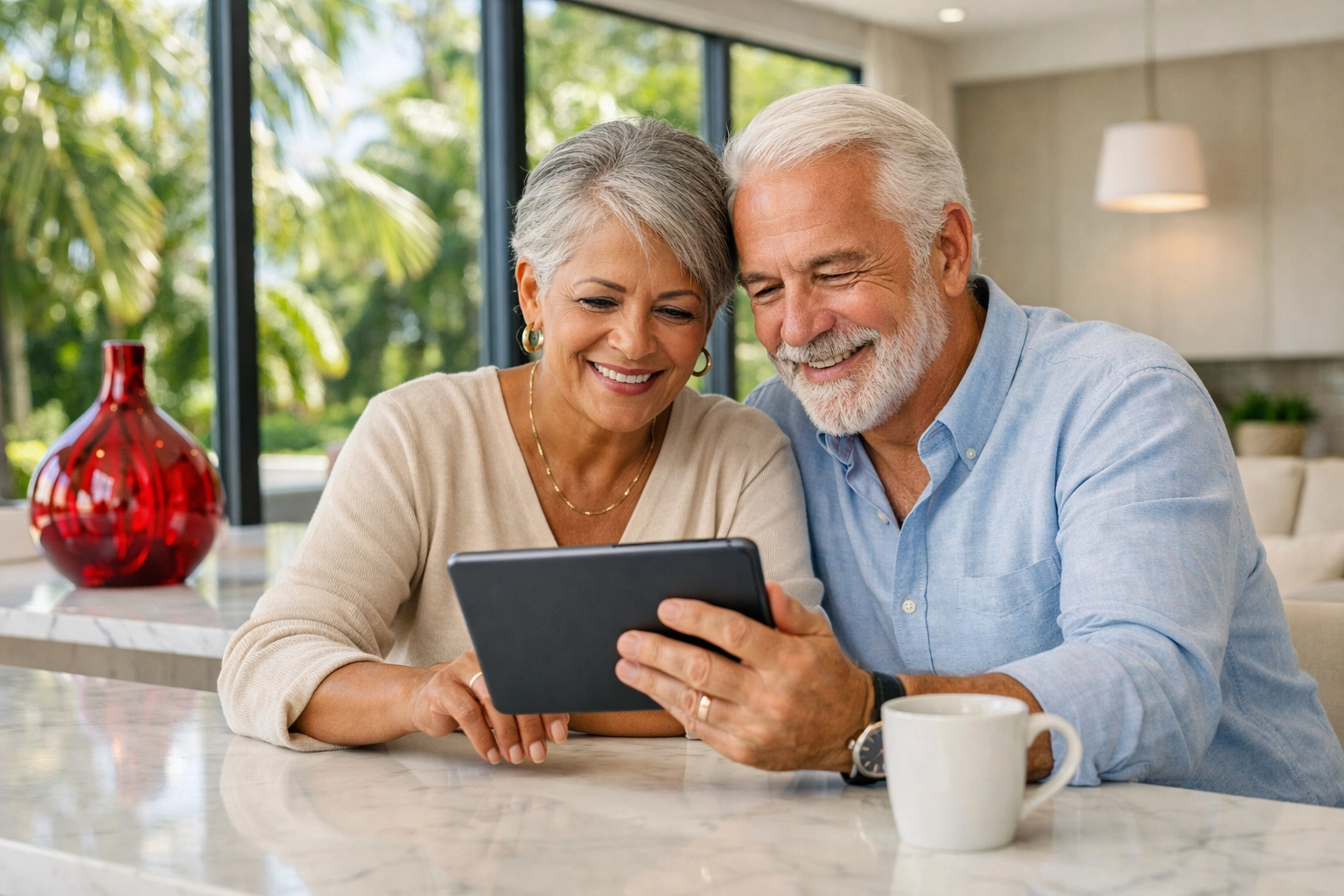 The Weston Retirement Blueprint: Navigating Your Golden Years in South Florida 2 A retired couple in a modern Weston home reviewing their financial retirement strategy on a digital tablet.