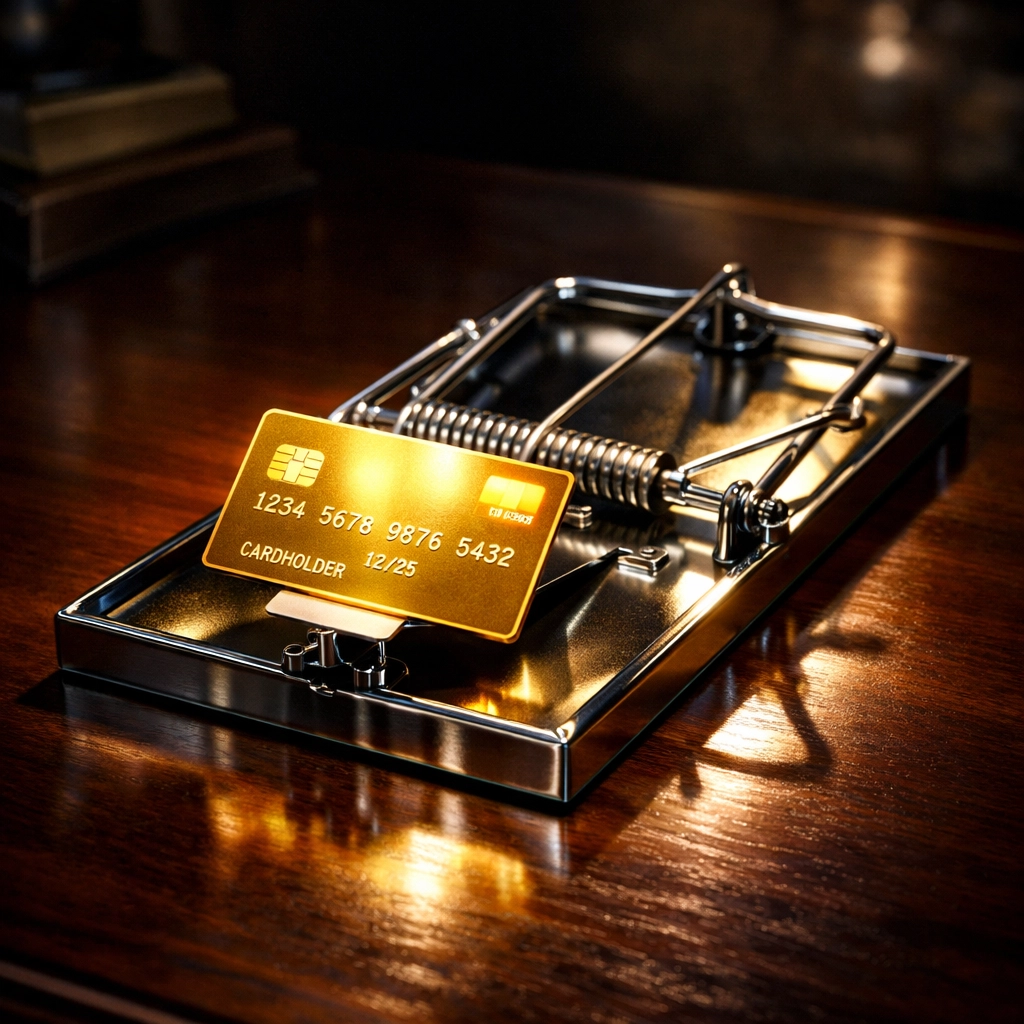A gold credit card on a mouse trap, illustrating the dangers of high interest debt traps.