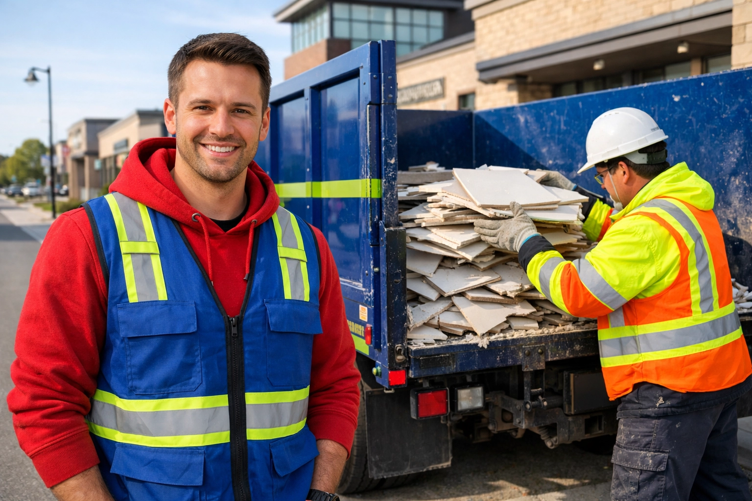 Junk GTA crew loading recycled drywall into a professional truck on a clean Markham commercial job site.
