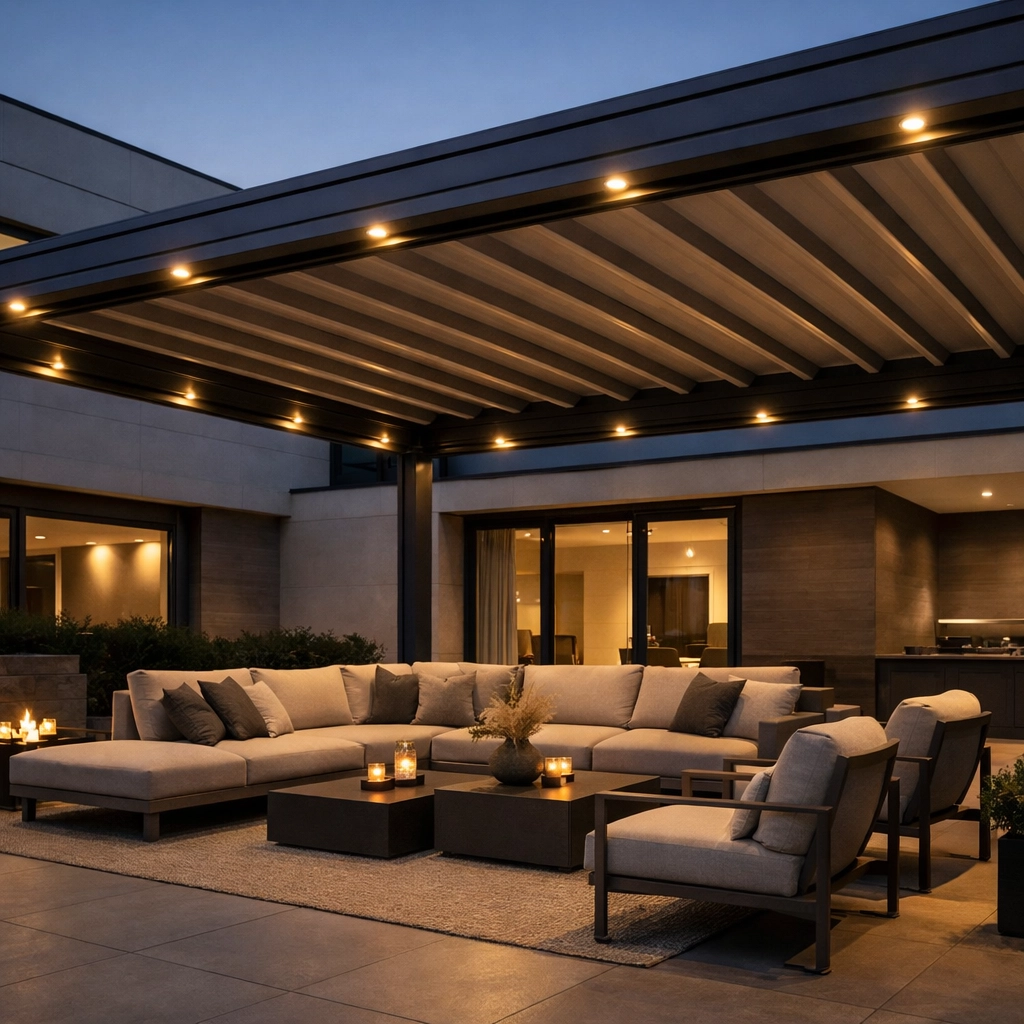 Exklusive Terrassenüberdachung mit Faltdach und integrierter LED-Beleuchtung für gemütliche Abende.