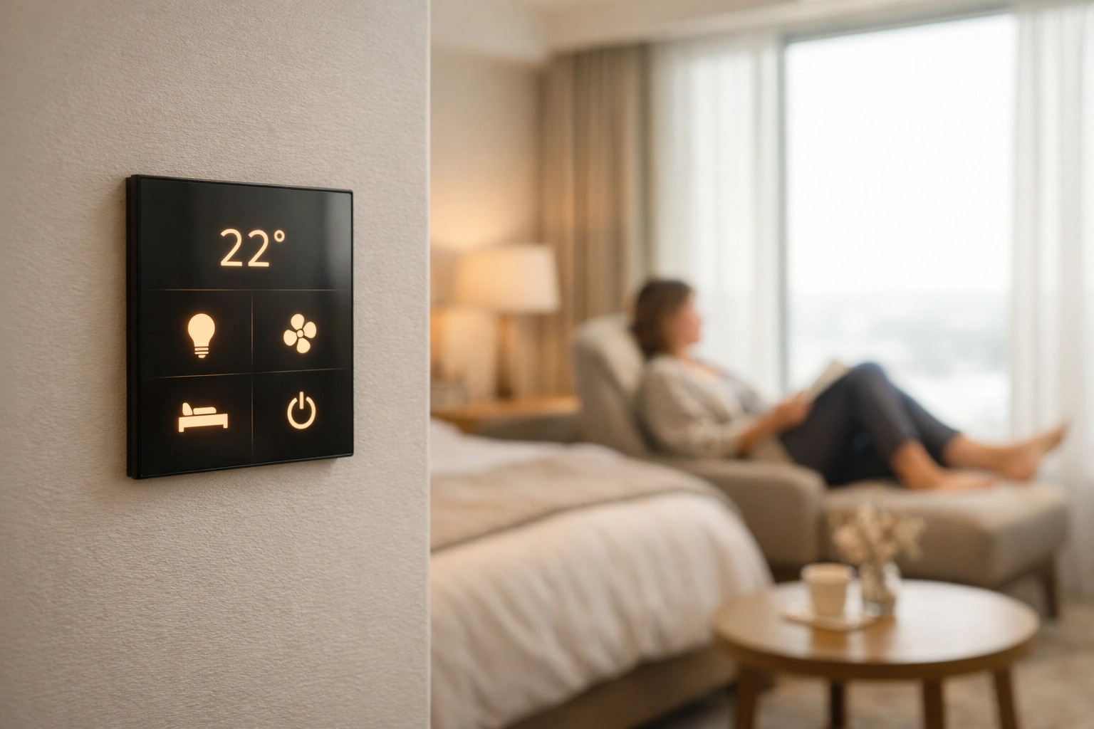 Modern hotel suite with a digital control panel highlighting AI-powered guest experience technology.