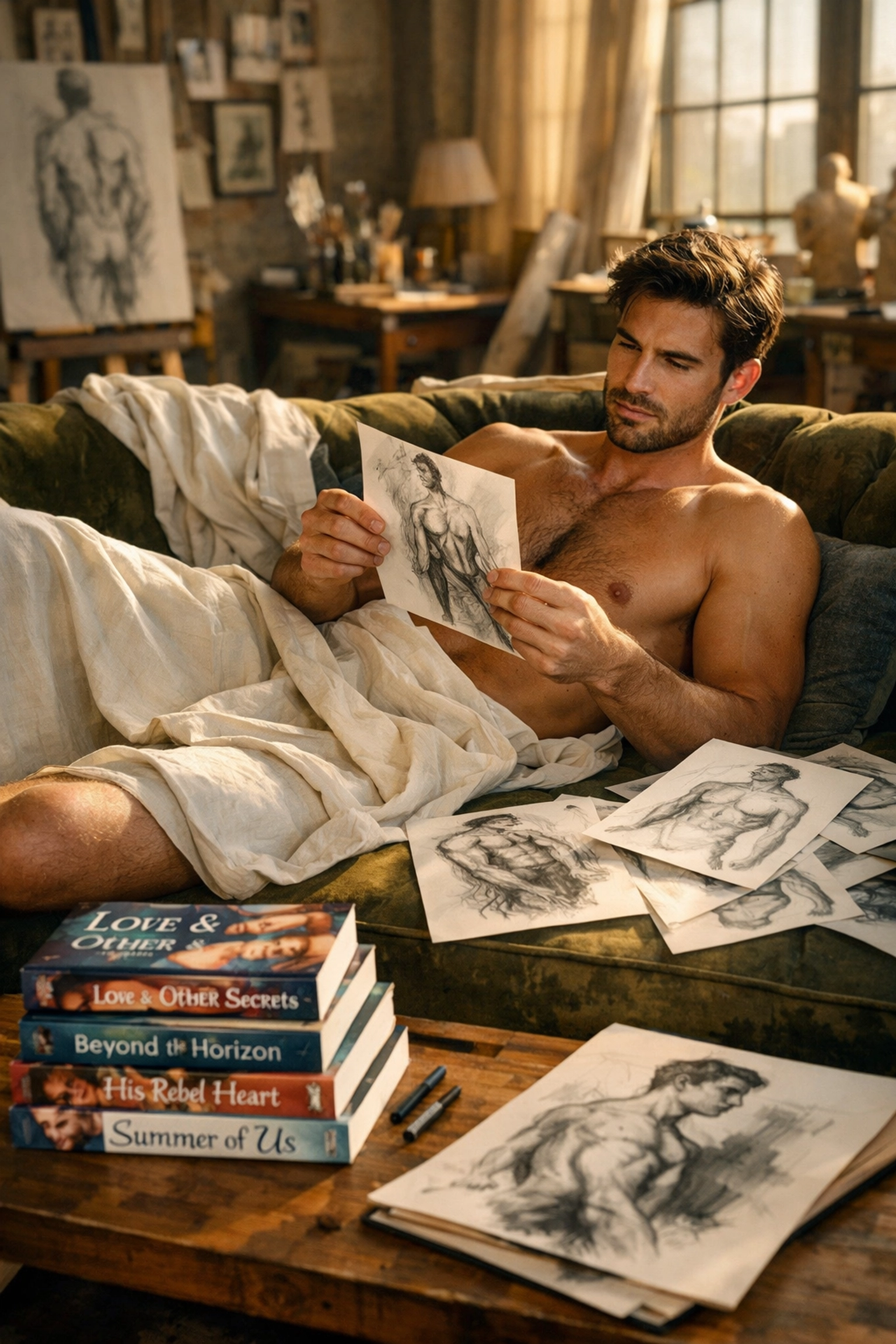 Artist studio setting with male anatomy sketches and a collection of MM romance books.
